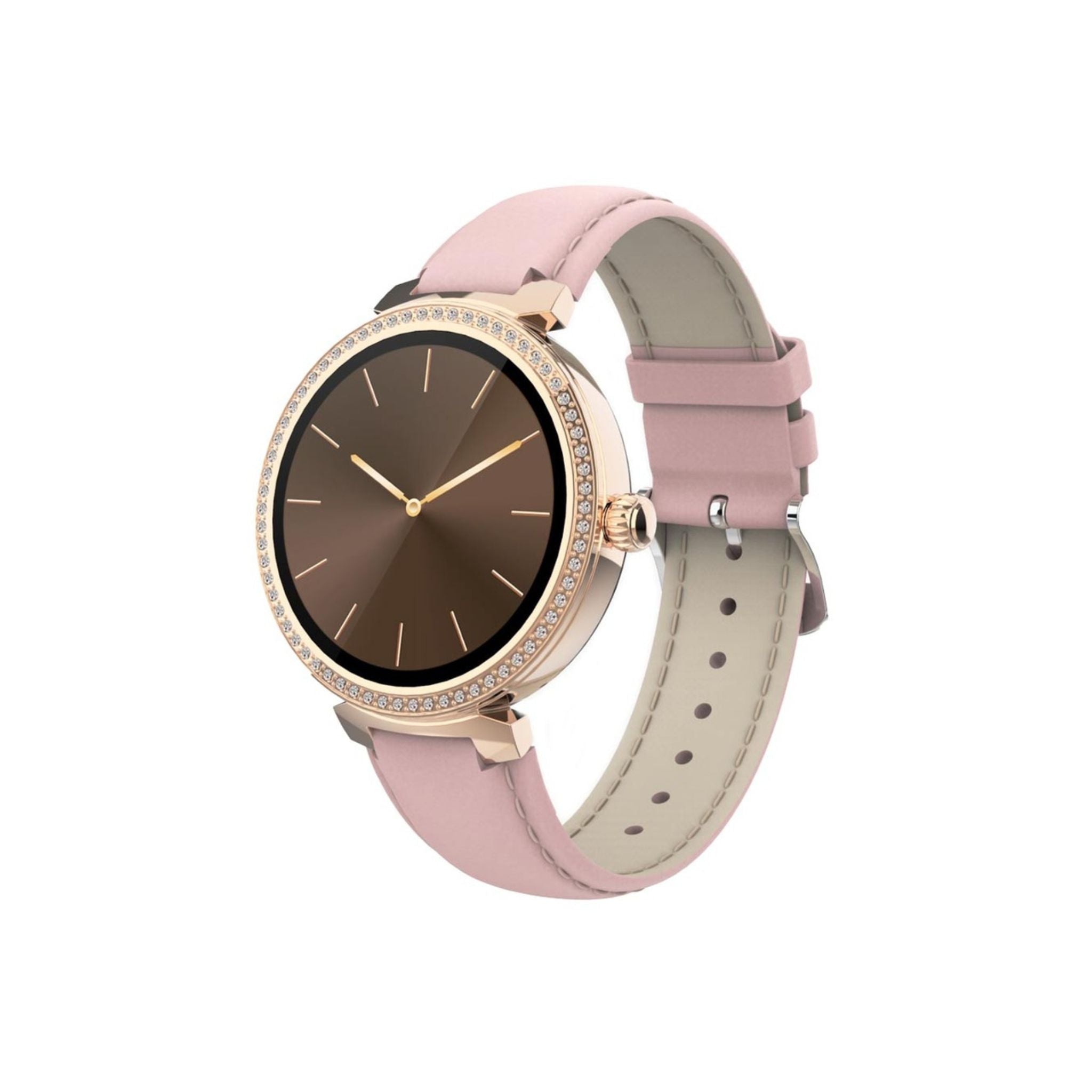 A Porodo Belle Lady Smart Watch with a rose gold dial and pink leather band.