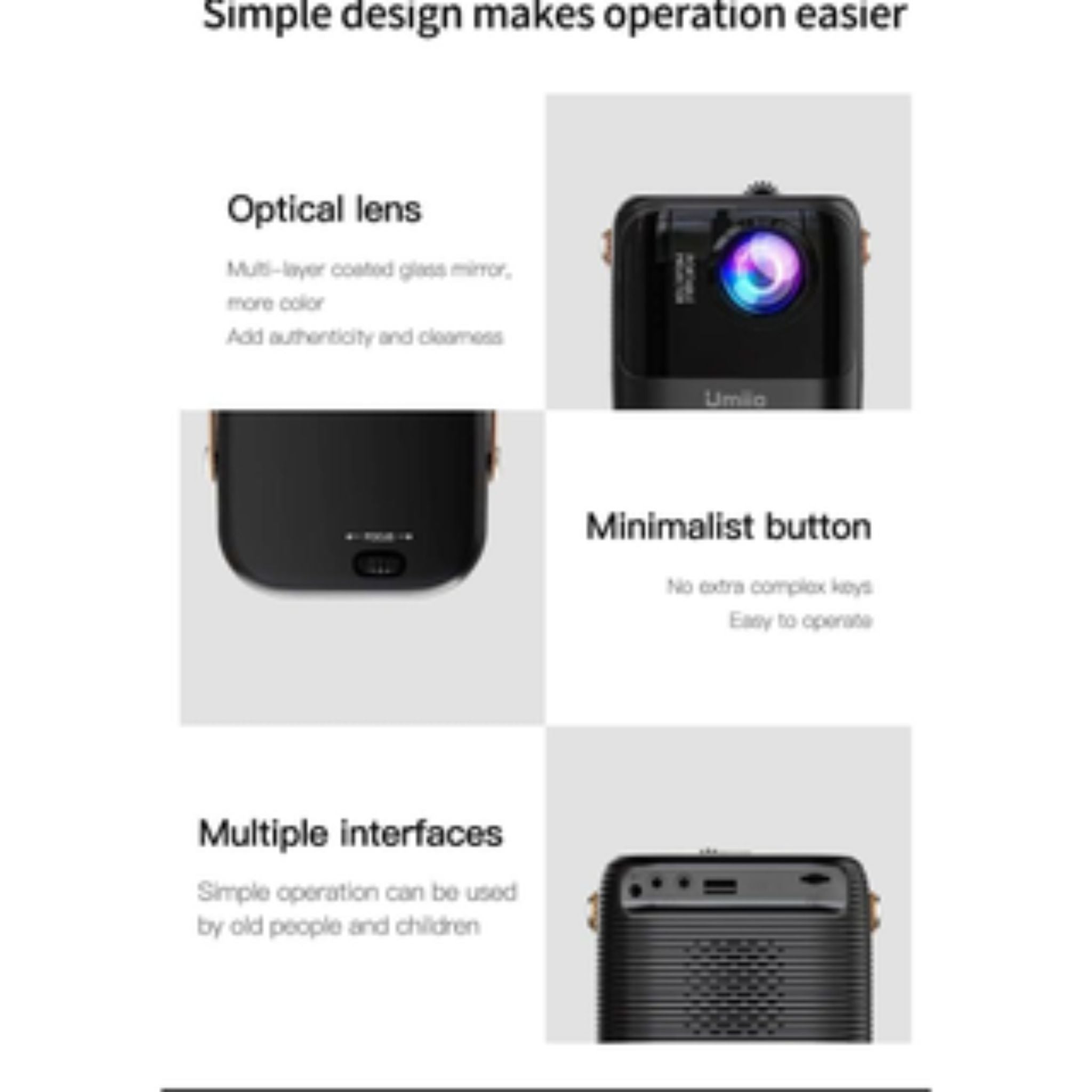 Umiio A008 Intelligent Screen Projector 5G WiFi & Bluetooth, 1080P HD Home Entertainment Hub, Compact Design, Wireless Streaming, Smart Projection, Higher Resolution Brightness, For Move Music TV Game Casting- Black