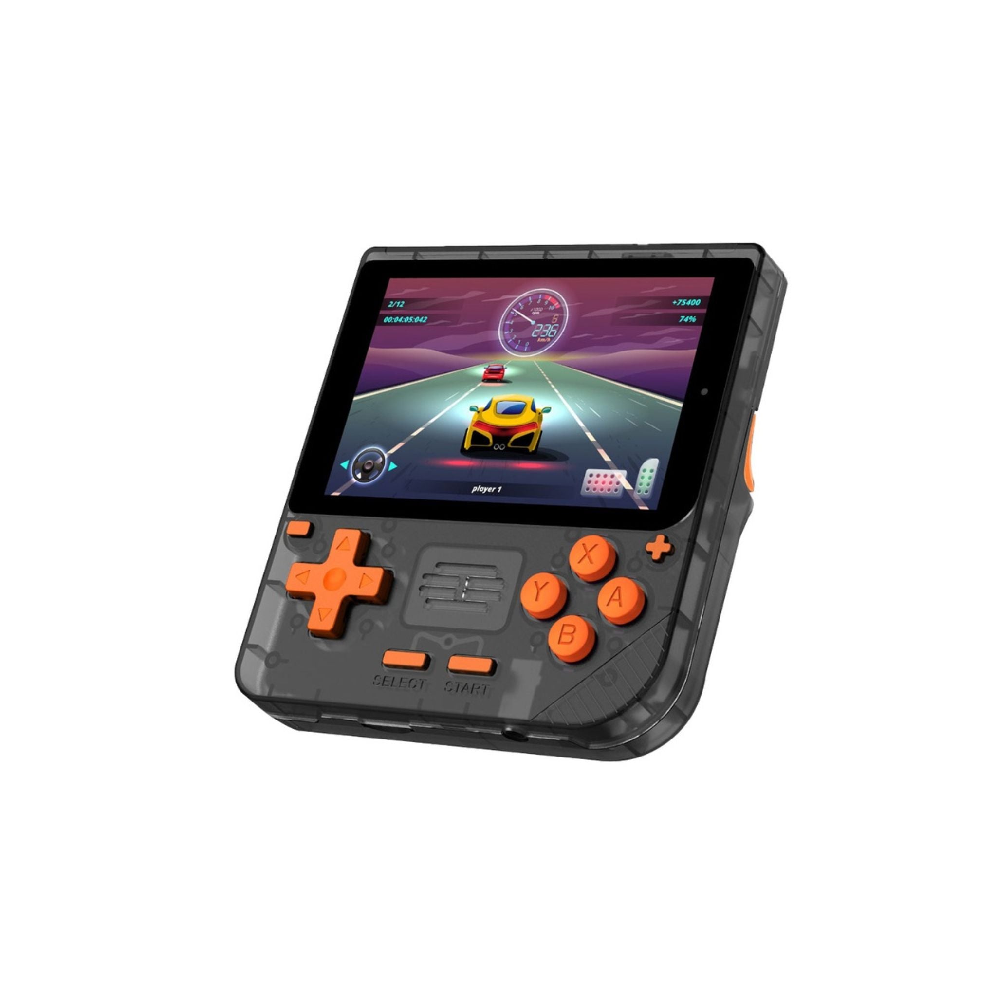 Handheld portable gaming console with a 3.5 inch screen, featuring a black body with orange accents and buttons.