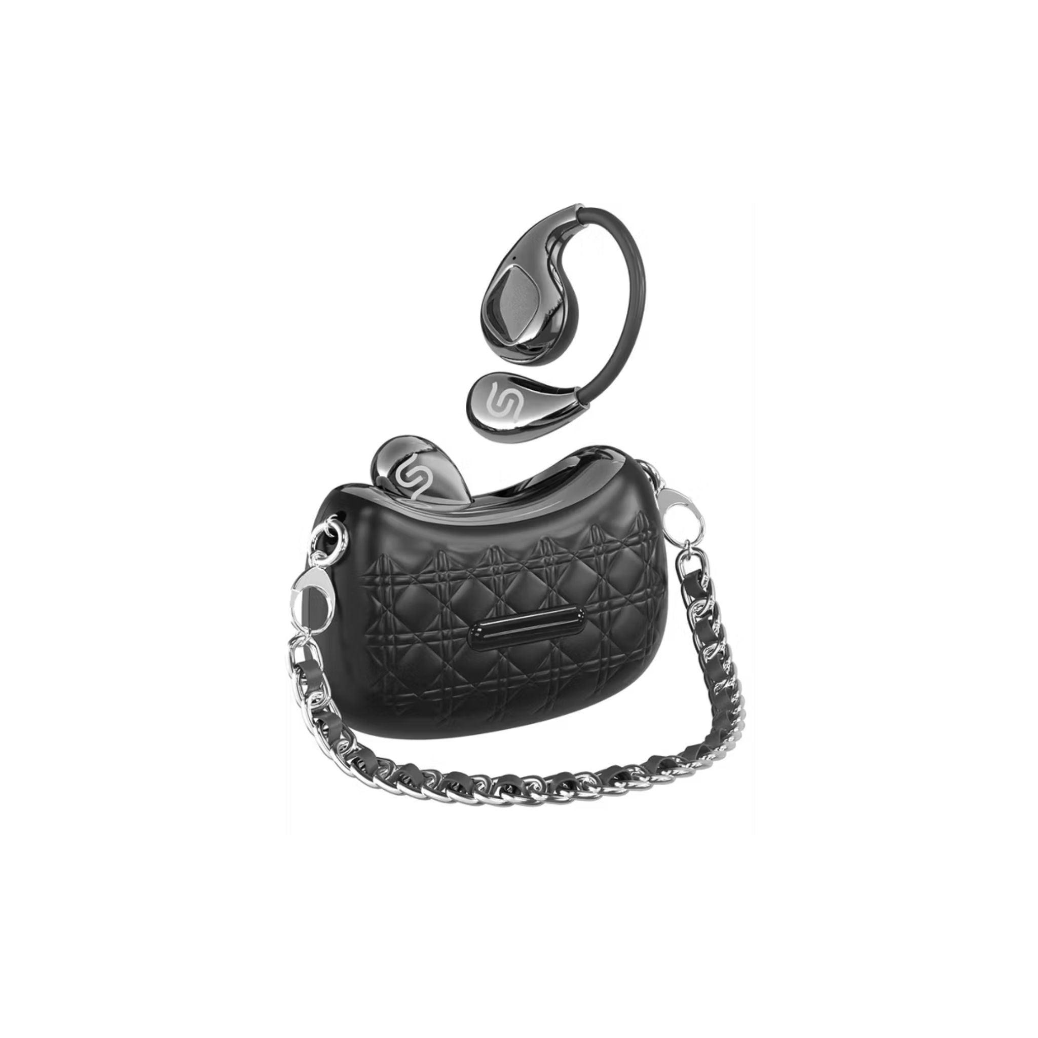 Black quilted handbag with a chain detail and a black earbud on a white background