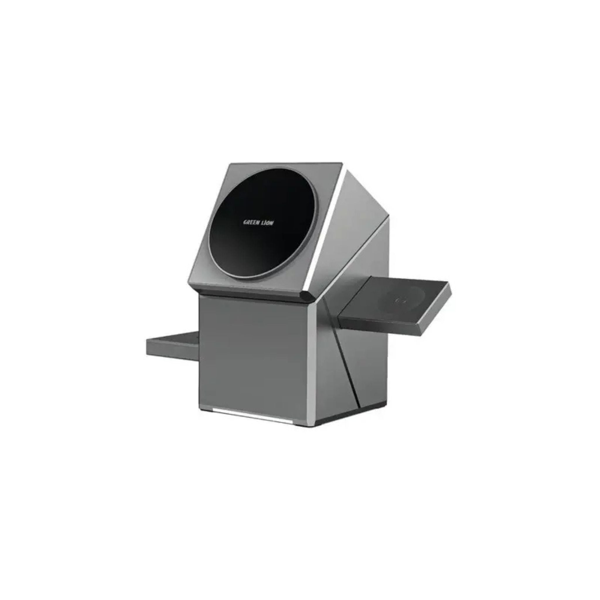 A gray Green Lion Power Trio 3-in-1 wireless charger with a smartphone, AirPods, and a watch being charged simultaneously.