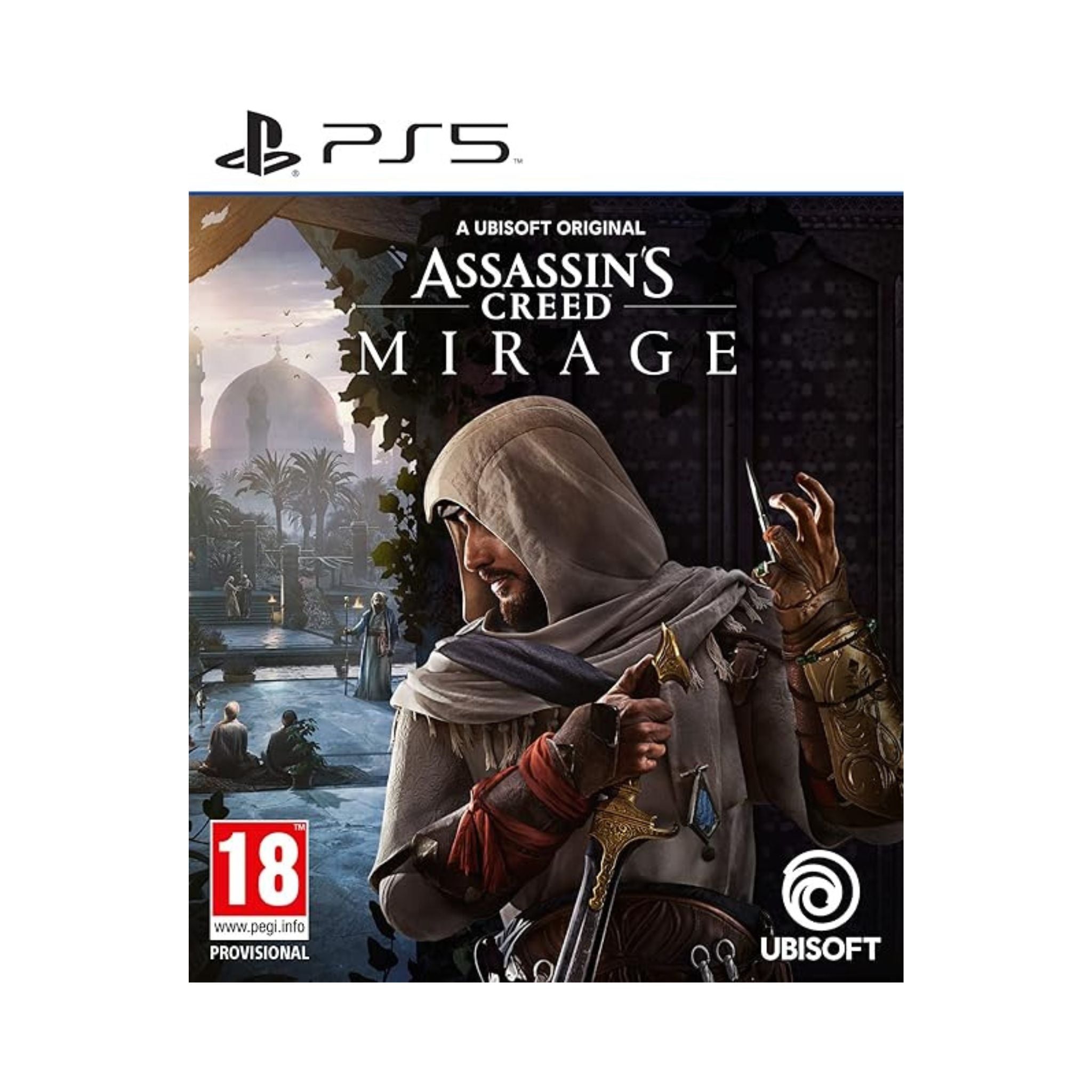 Assassin's Creed Mirage game cover for PlayStation 5 with character and cityscape.