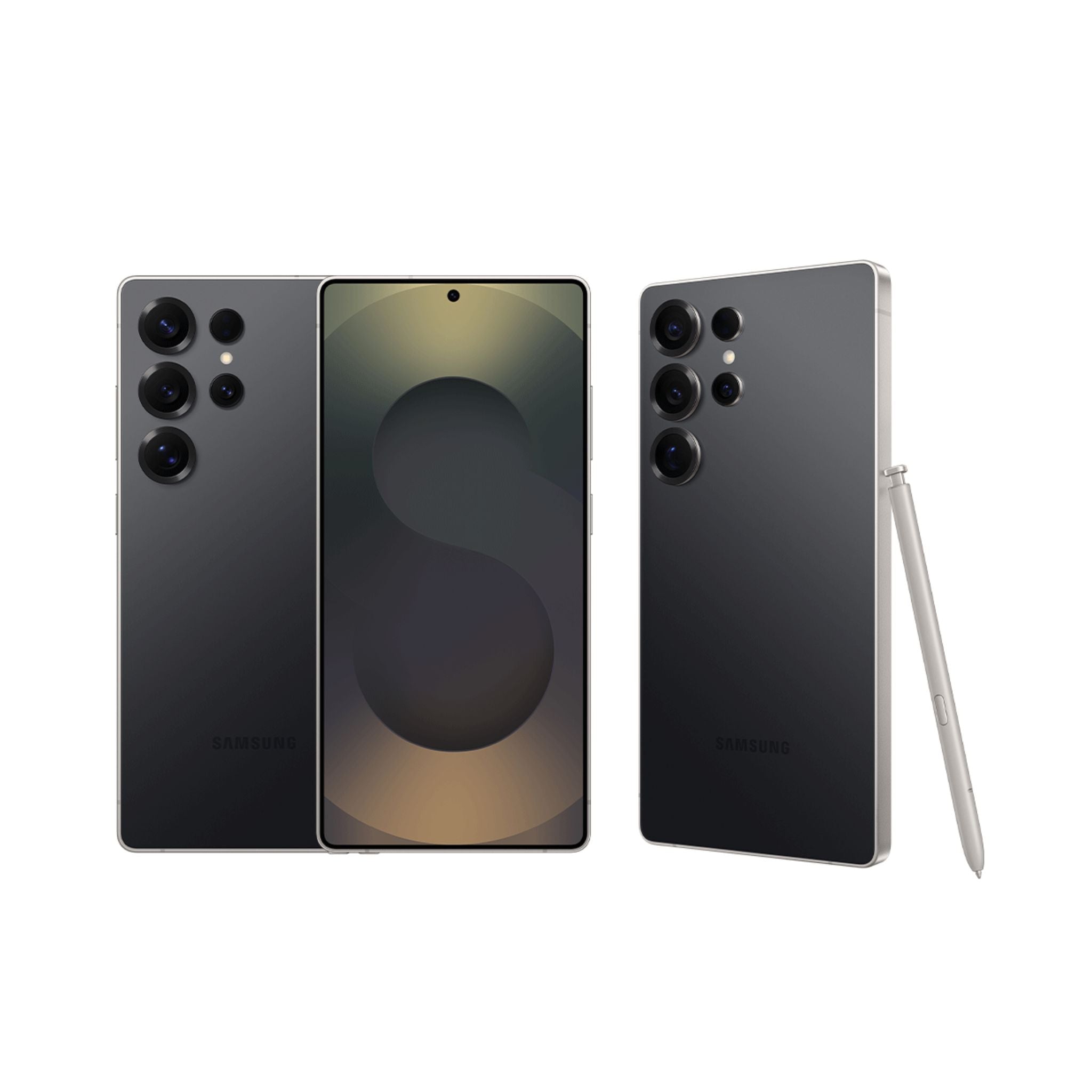 Samsung Galaxy S25 Ultra smartphone in black color, showing the front, back, and side profile with a stylus next to it.