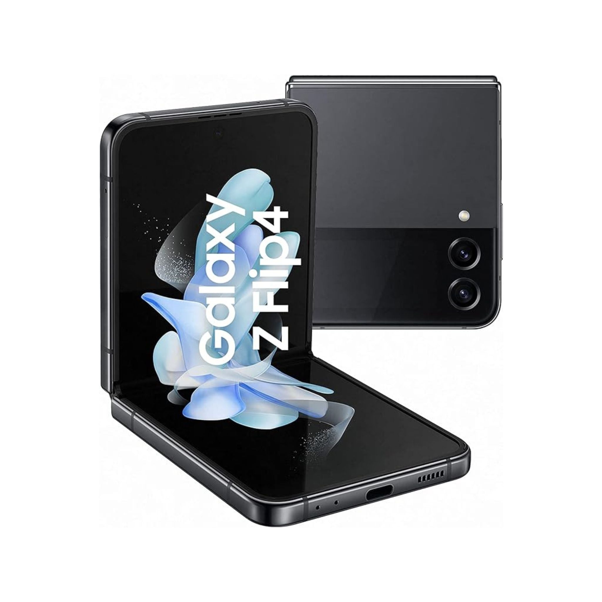 Samsung Galaxy Z Flip 4 smartphone in black color, shown both closed and open, displaying the front screen and dual rear cameras.