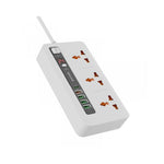 A white Porodo multi-port power hub with six AC sockets, five USB ports, and a power button, against a clean background.