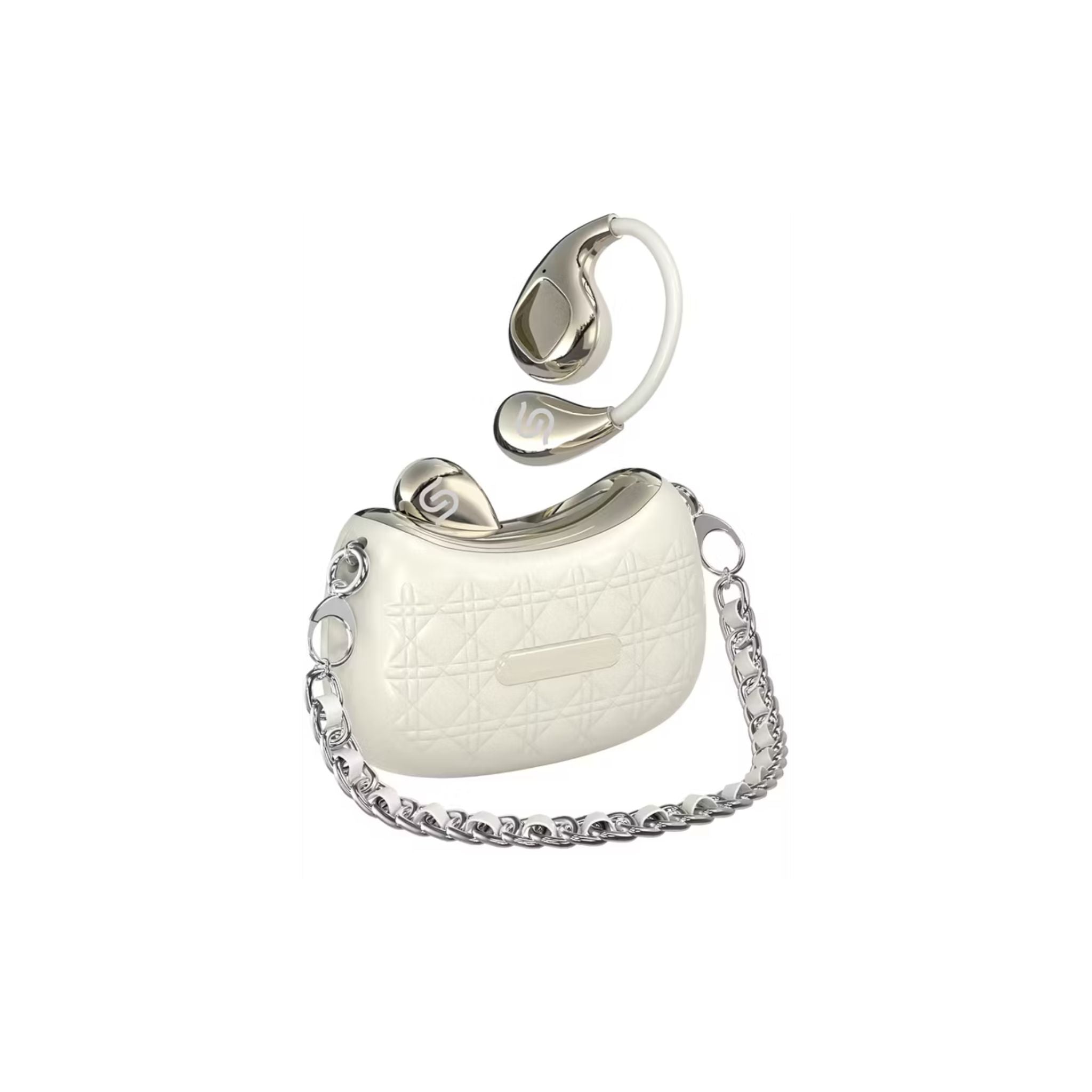 White handbag with a chain detail and silver ring on a white background