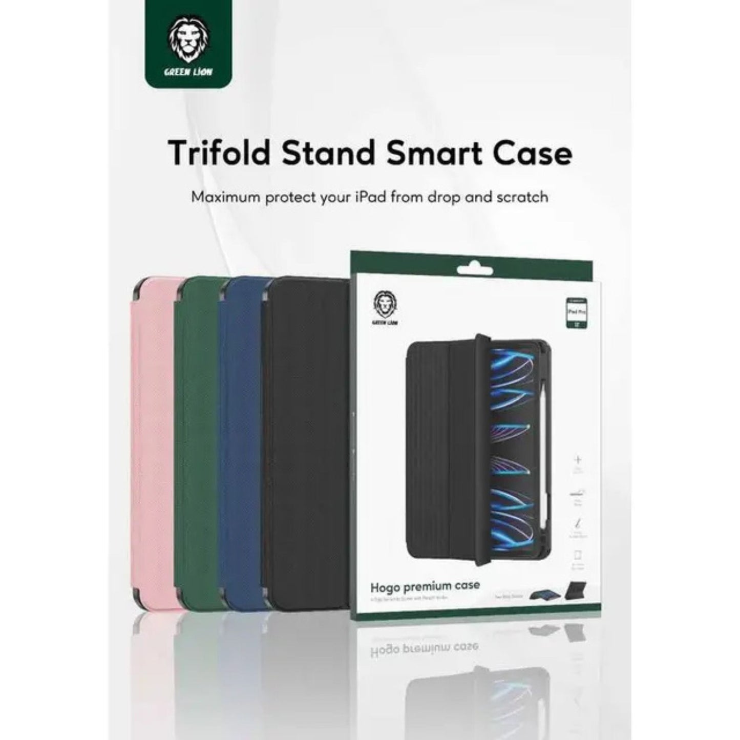 Green Lion Hogo Premium Case with Pencil Holder for iPad 10"-10.9", Easy Install & Remove, Full Body Drop Protection, Effective Shock Proof, Stable Trifold Stand, Adjustable Angels - Green