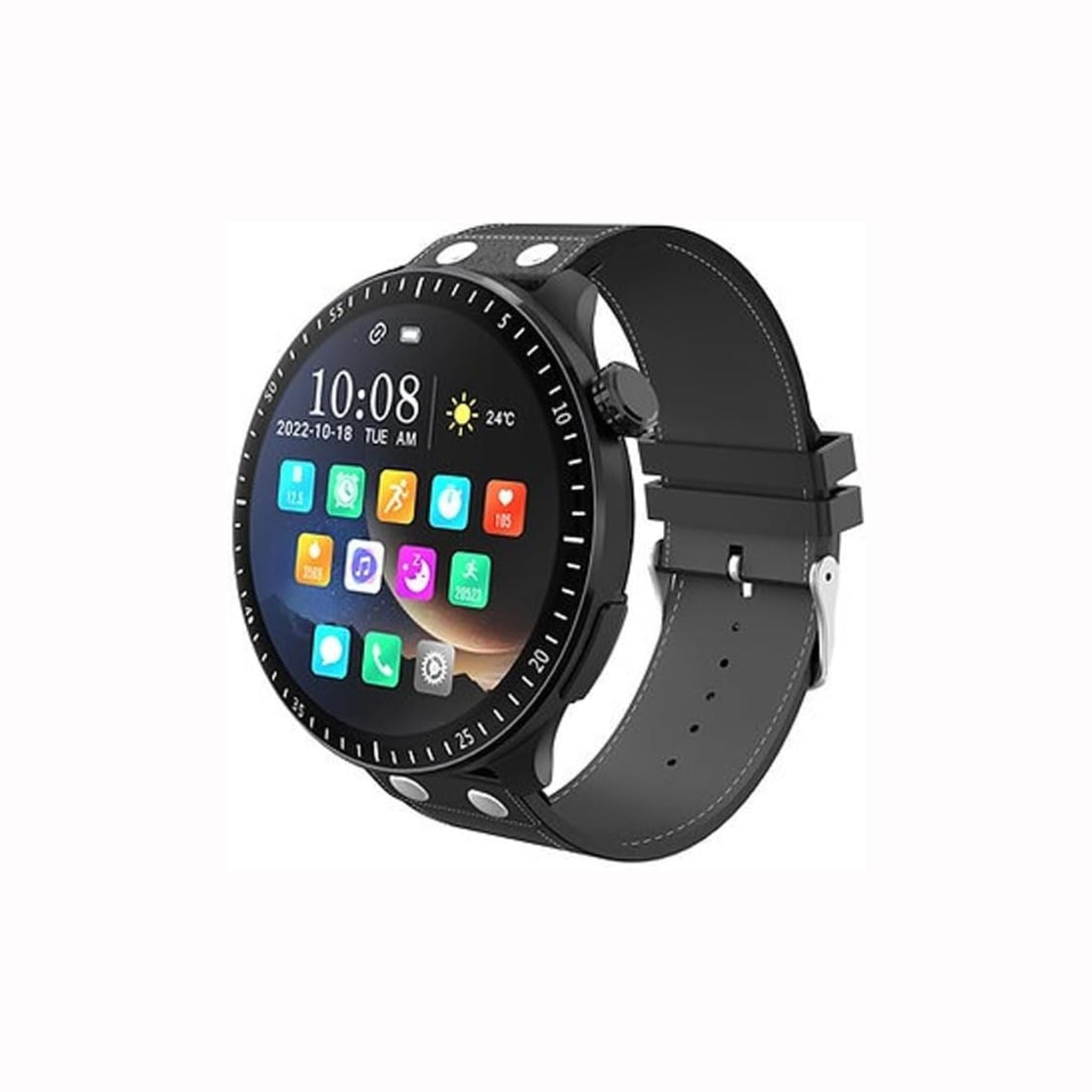 A black smartwatch with a round display showing app icons and a digital watch face with a black band.
