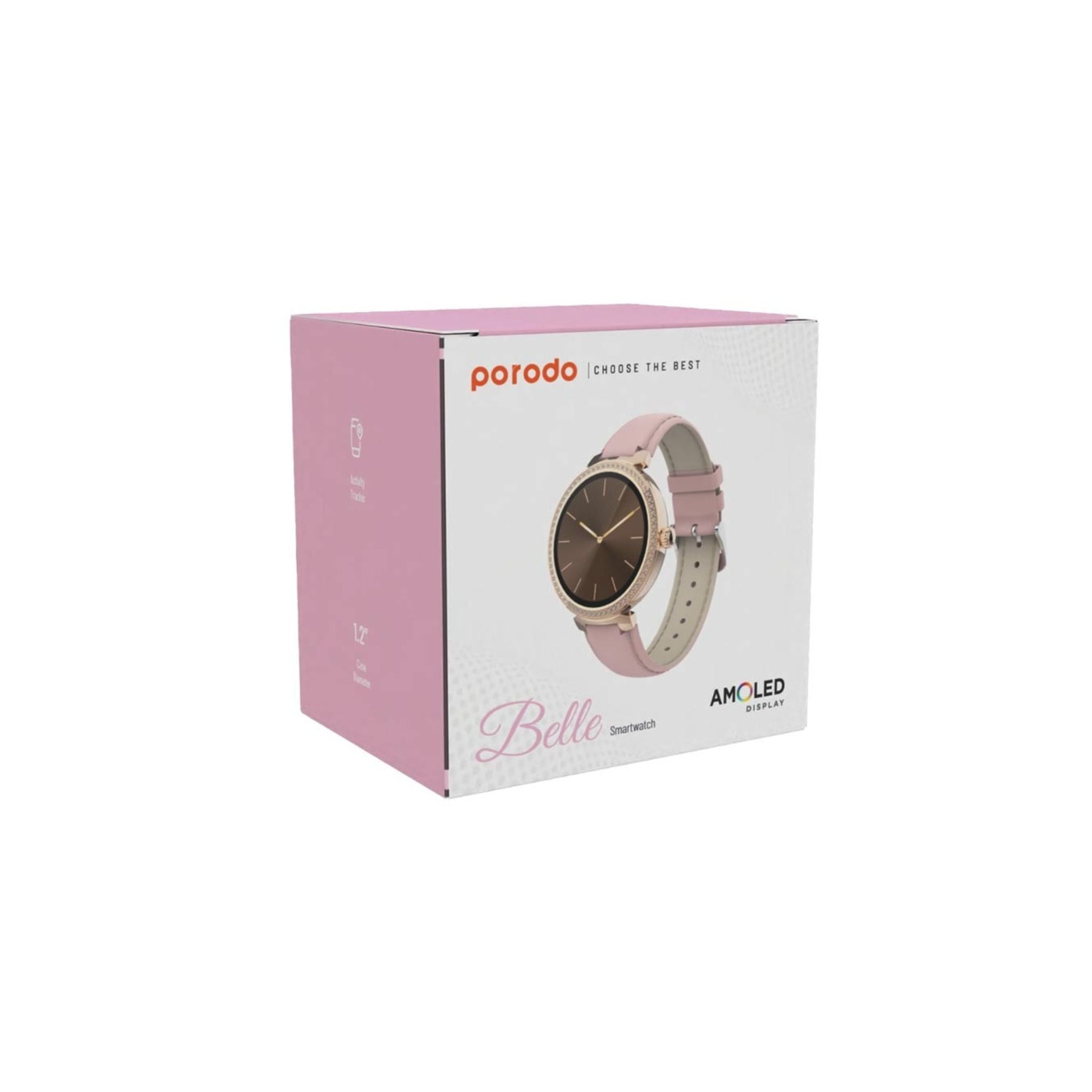 Porodo Belle Lady Smart Watch Rose Gold Dial, Bluetooth V5.4, Zinc Alloy + ABS Material, 1.19" Screen Size, AMOLED Display, Activity Tracker - Pink