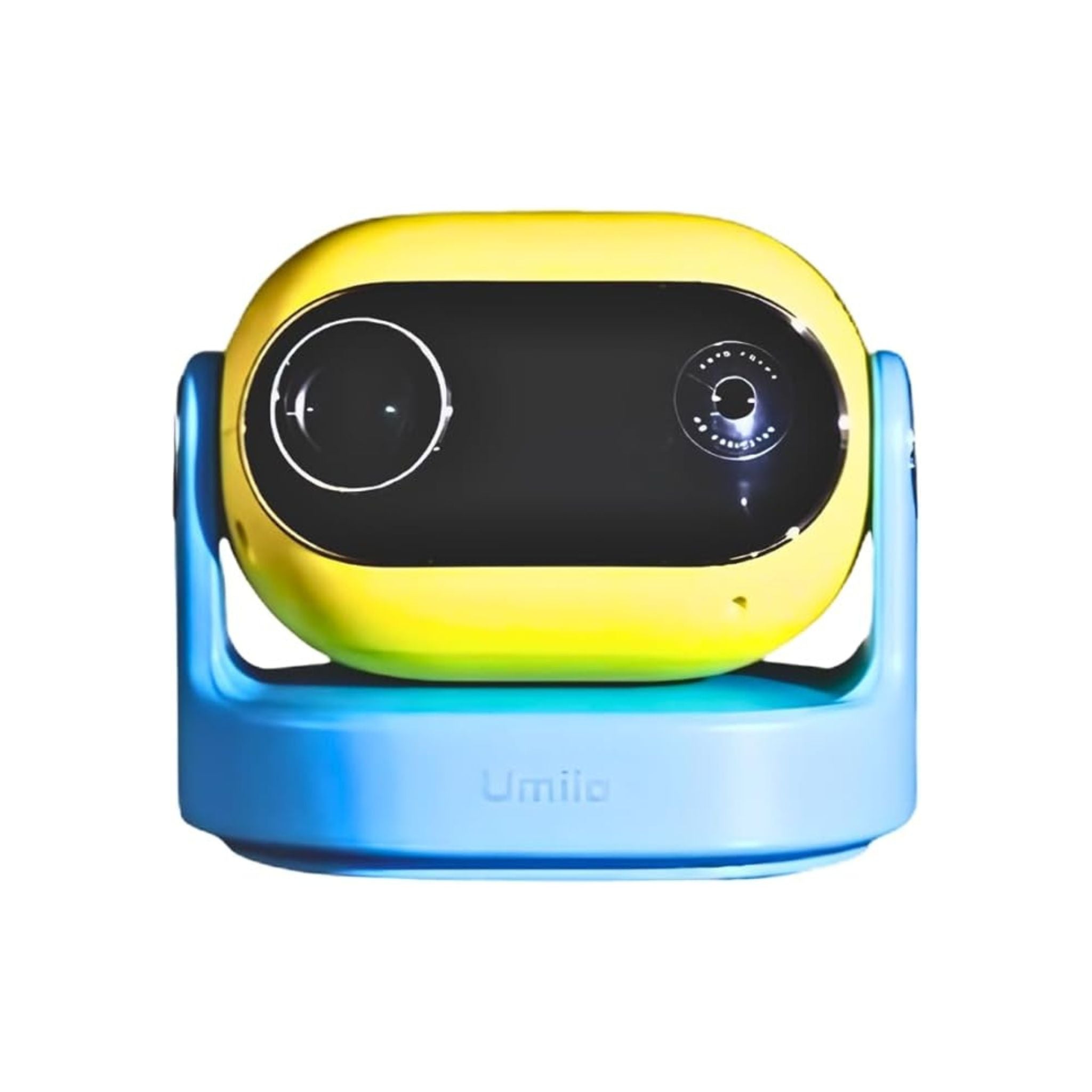 Yellow and blue robot toy on a white background