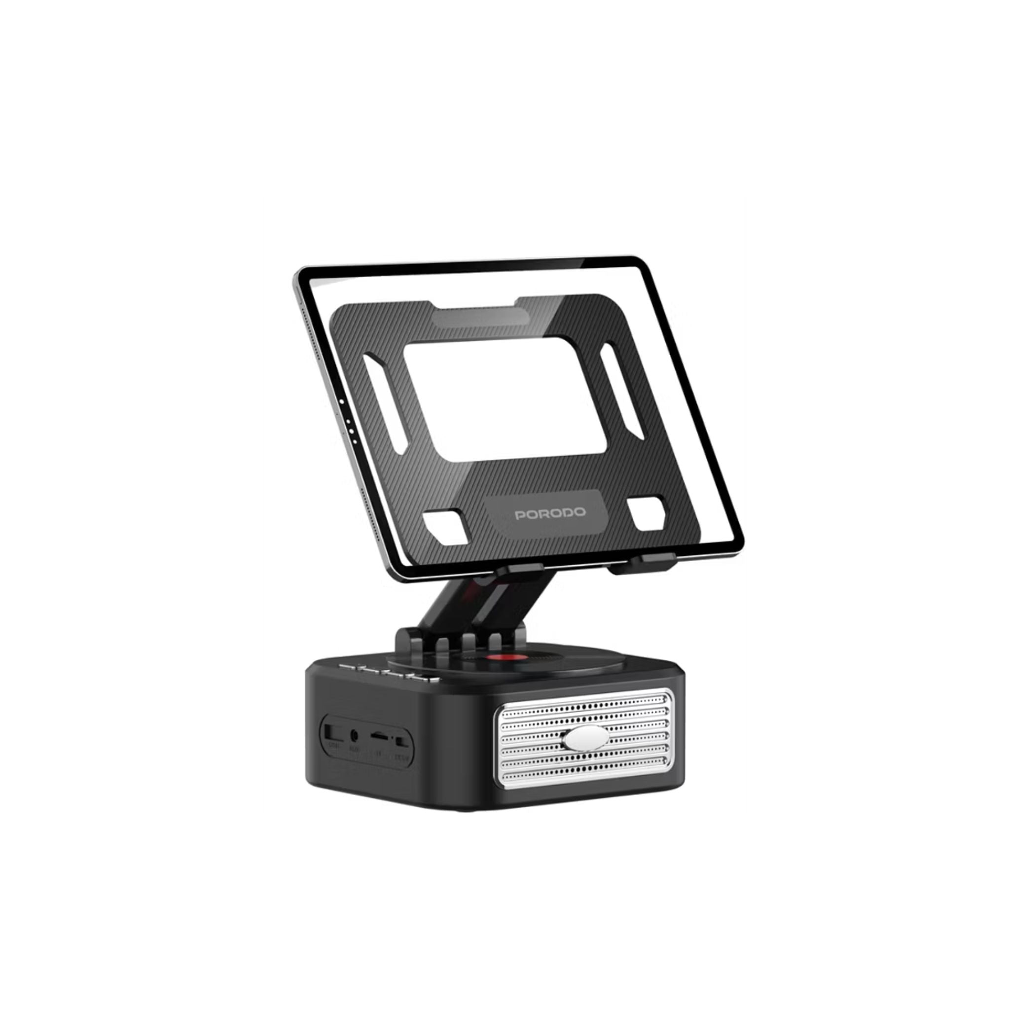 Black portable display stand with screen on a white background