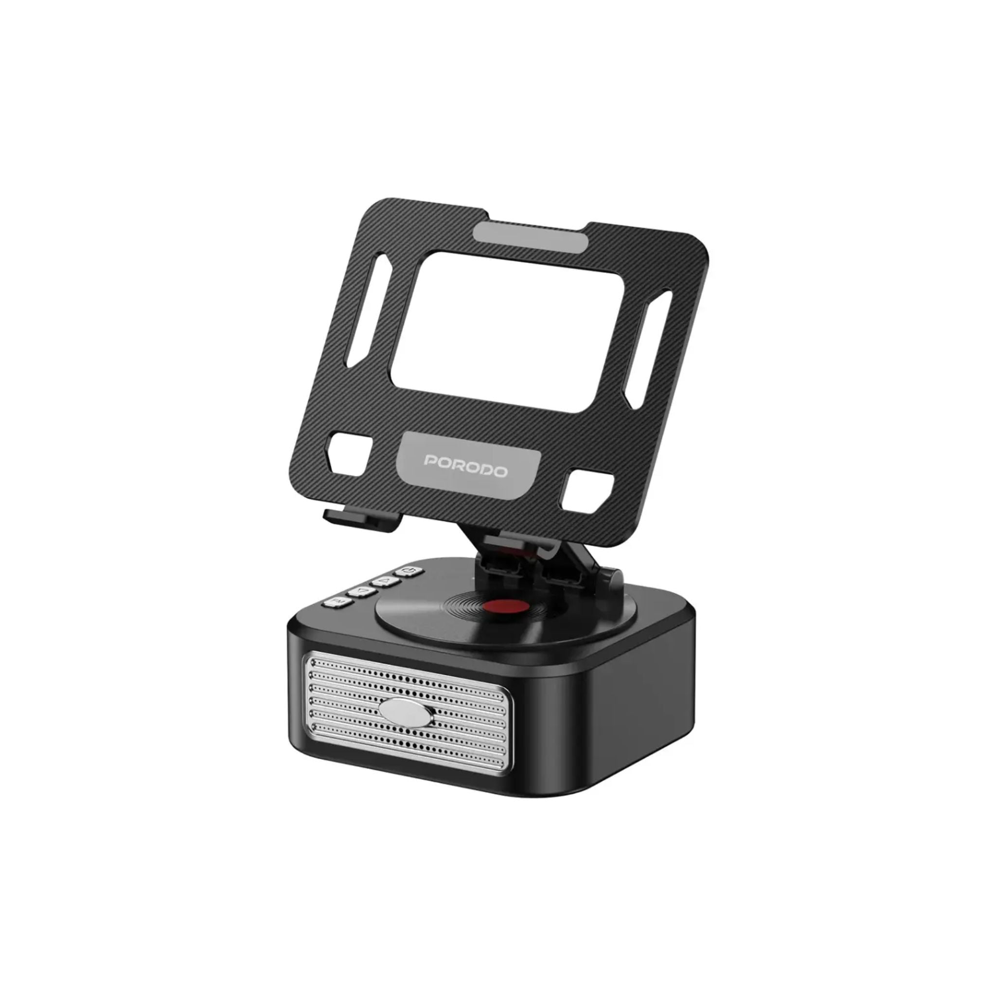 Porodo Multifunctional Tablet Speaker Stand – 1200mAh Power Bank, USB/TF Playback, 3.5H Playtime, 5W Output, 40mm Driver, USB-C Charging, Bluetooth 5.0, 360° Rotation, Adjustable Tilt & Rotate, Flexible Viewing Angles, Portable Design – Black