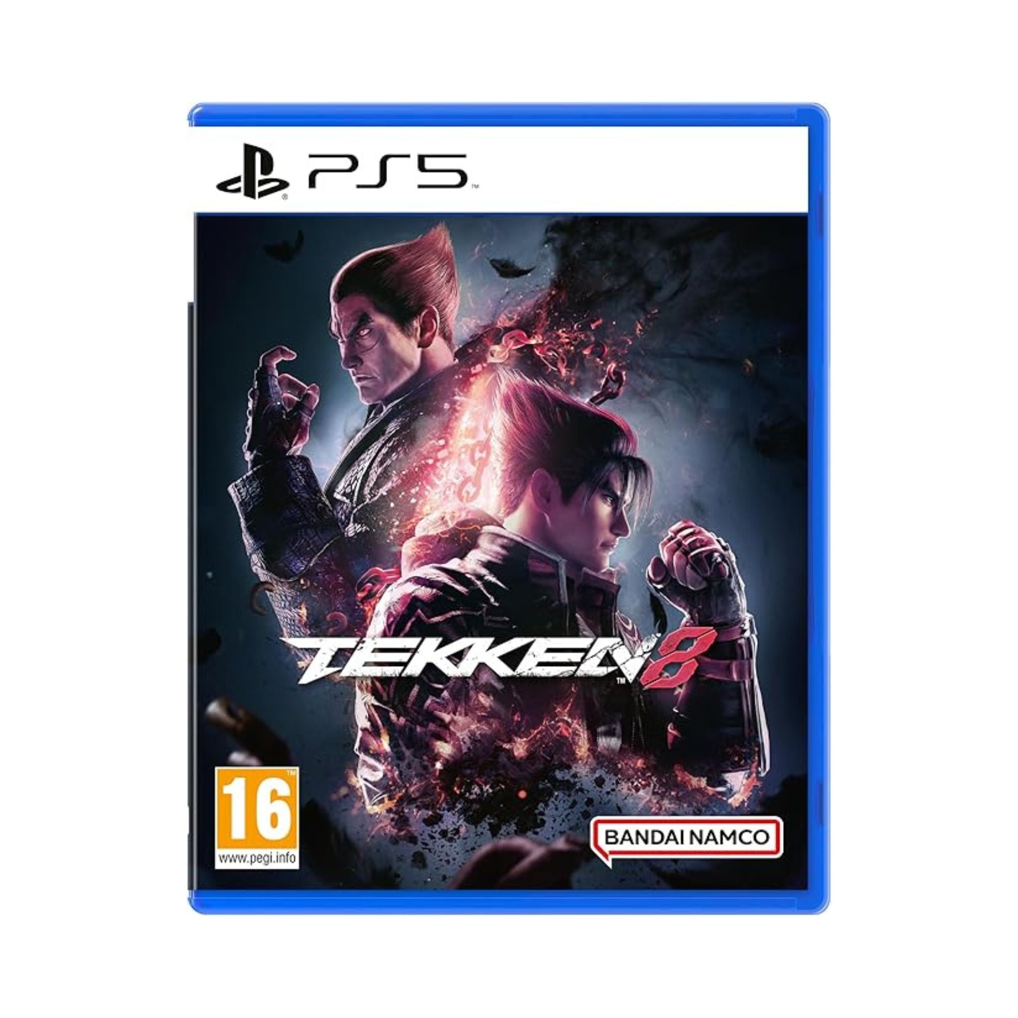 PlayStation 5 game case for 'Tekken 8' with two characters on a dark background