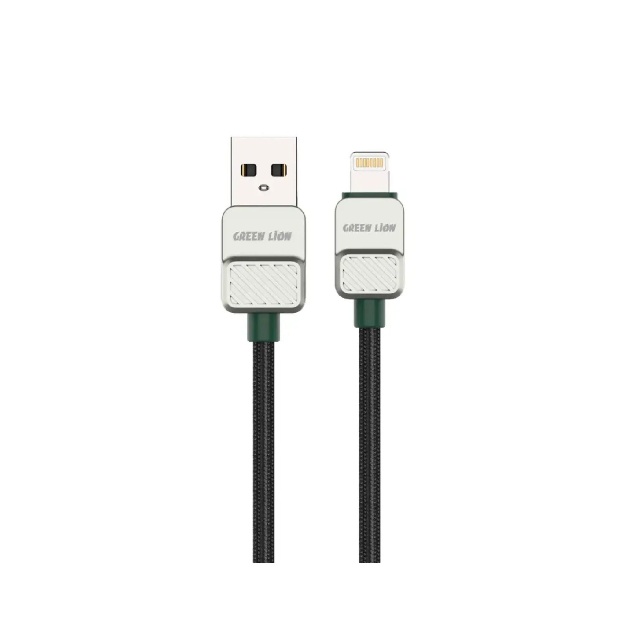 A black and green braided USB-A to Lightning cable by Green Lion, 1 meter in length.