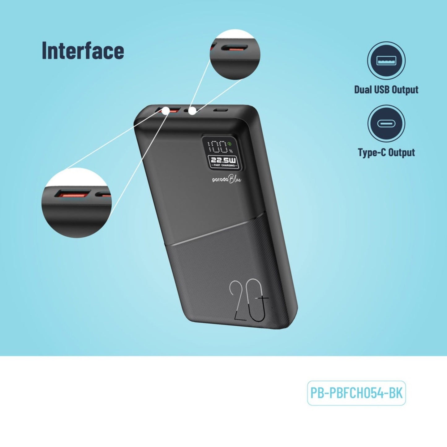 Porodo Blue 20000mAh Powerbank Type-C USB A and Micro with Digital Display_Black