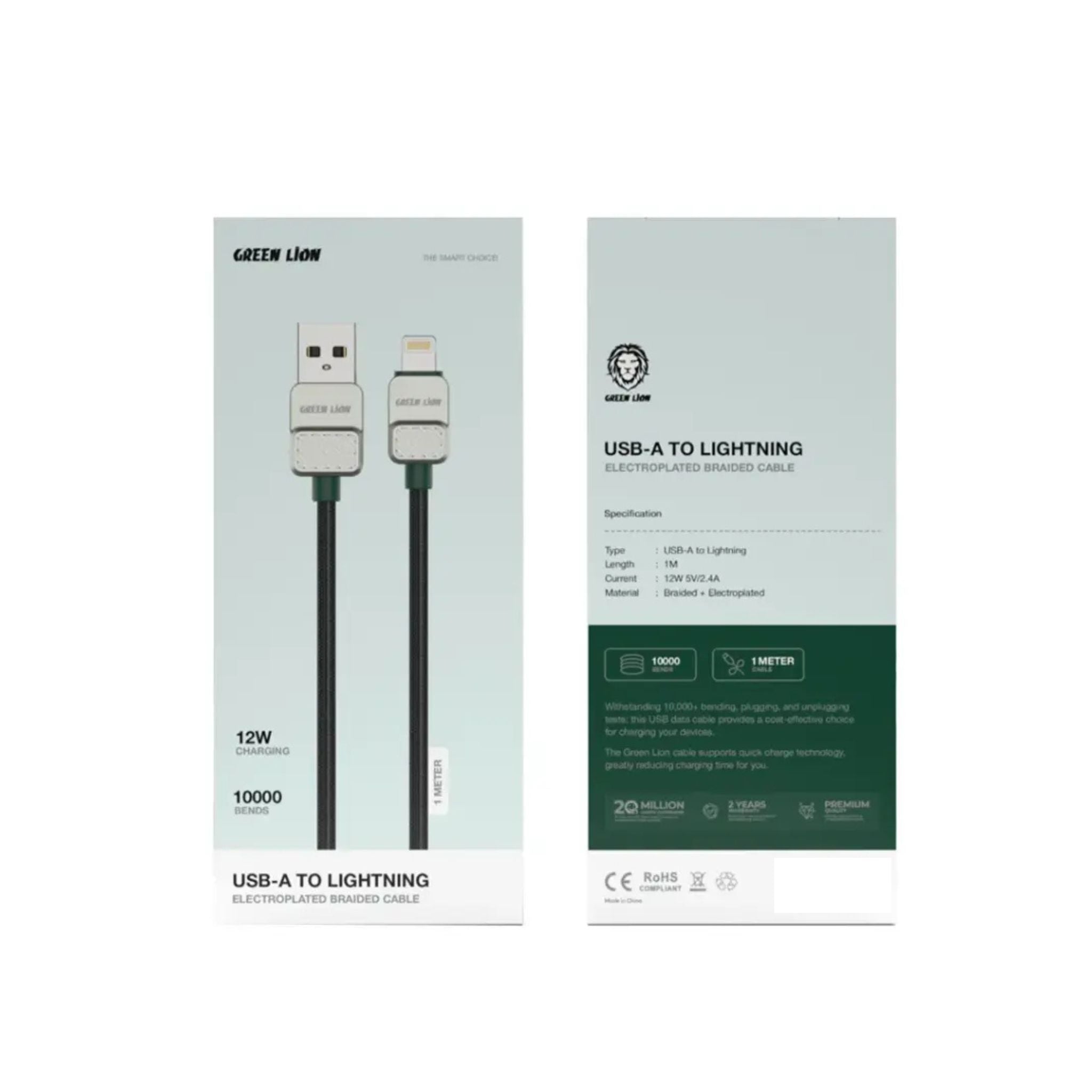 GREEN LION USB-A to Lightning Electroplated Cable with 12W Current, 1m Cable Length, Braided Outer Material, 480Mbps Transfer Speed, 10,000 Bends Lifespan - Black / Green