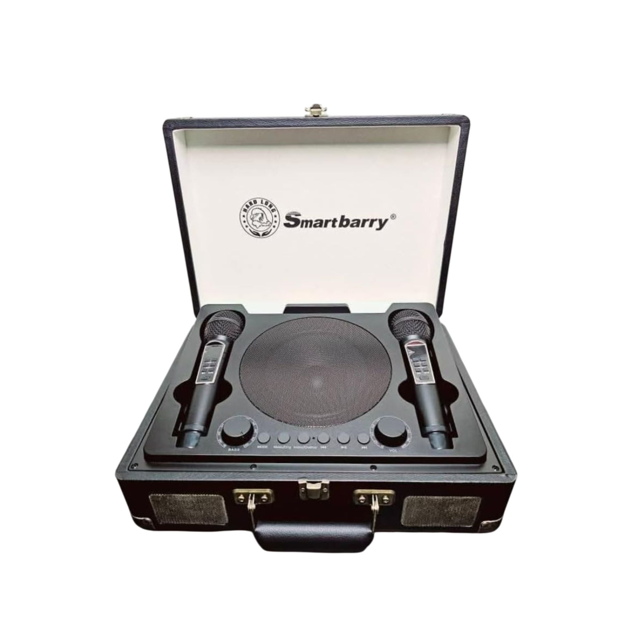 Black audio equipment set with two microphones and a speaker in an open case on a white background, featuring the Smartbarry brand.