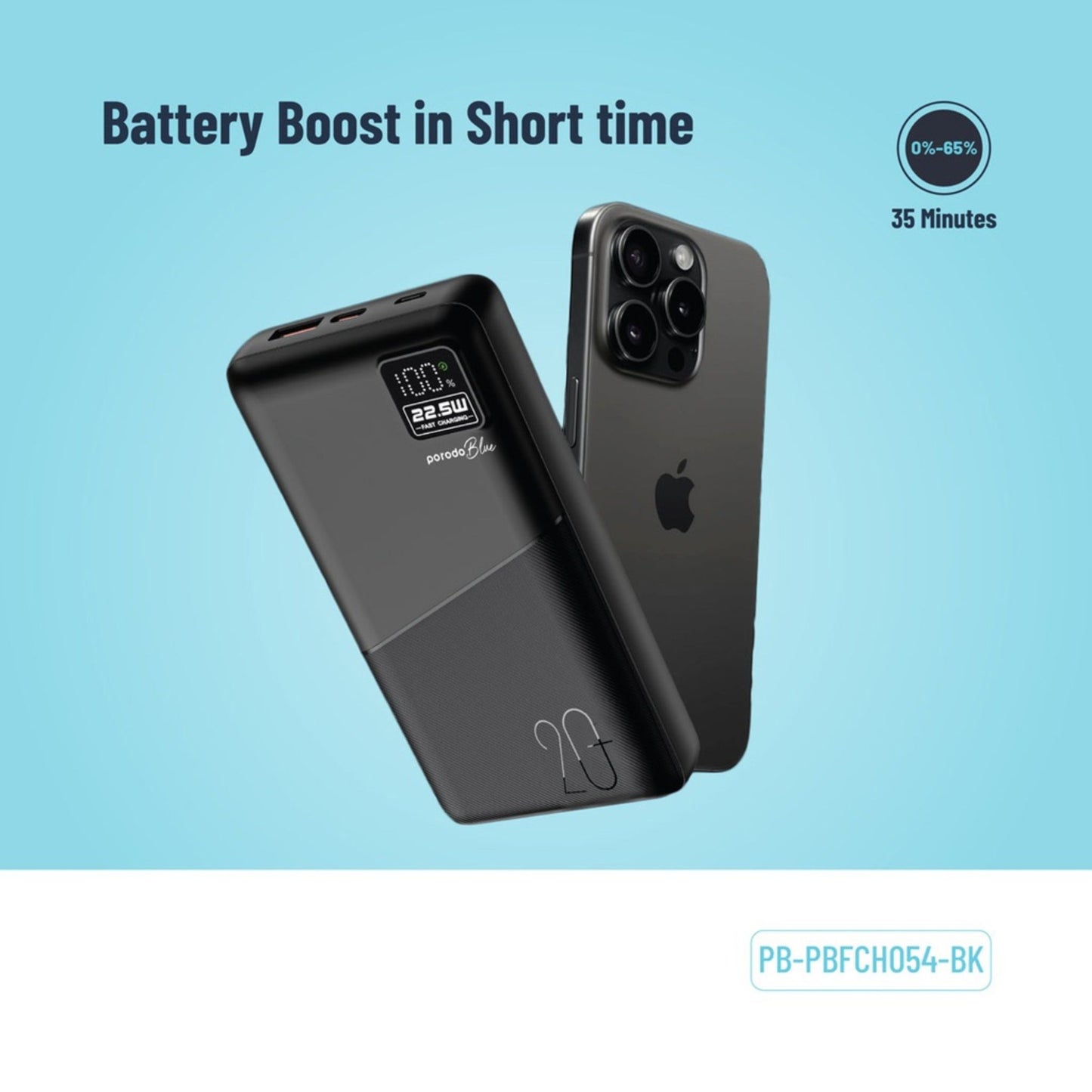 Porodo Blue 20000mAh Powerbank Type-C USB A and Micro with Digital Display_Black