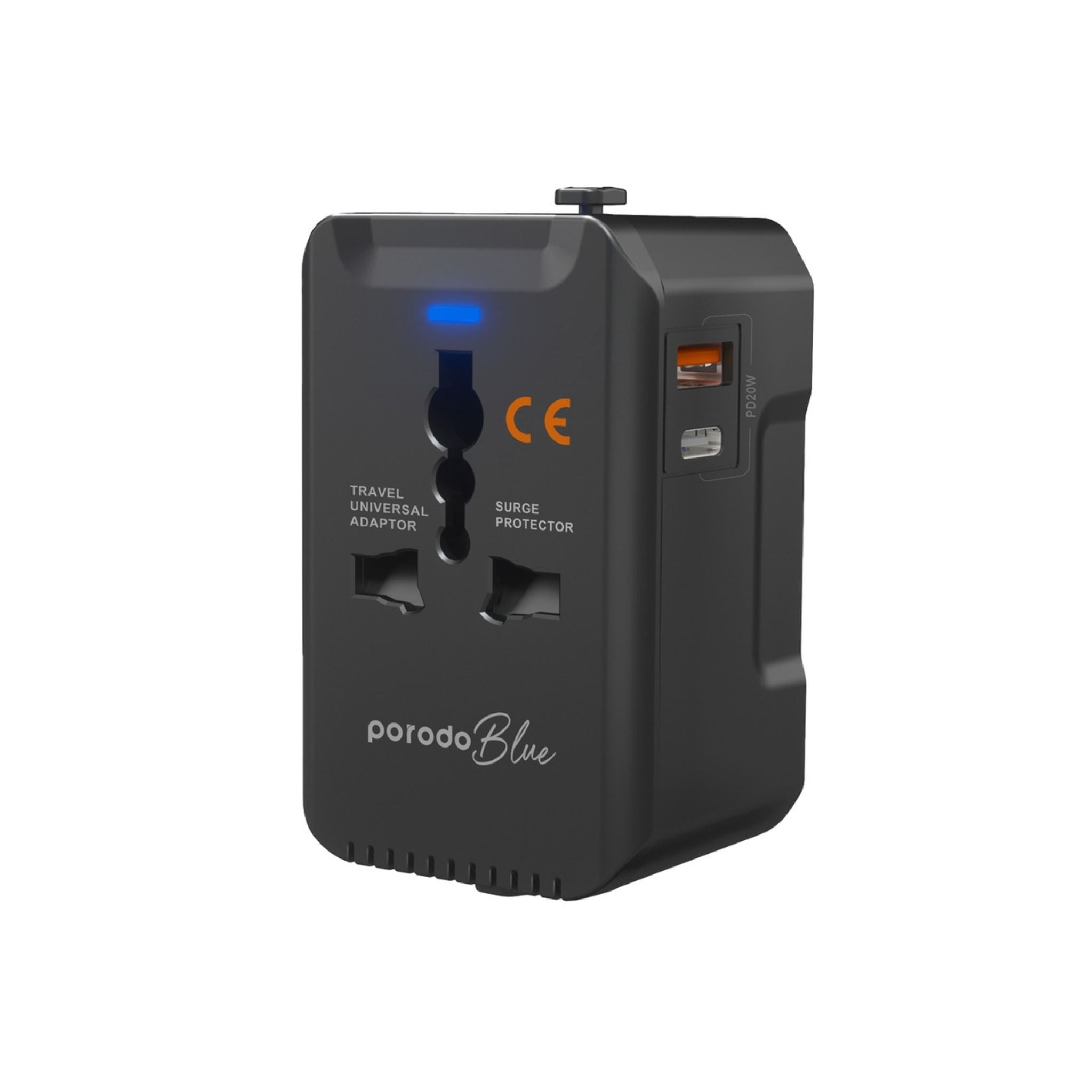 A black Porodo Blue PD20 universal travel adapter with multiple plug adapters and a blue indicator light.