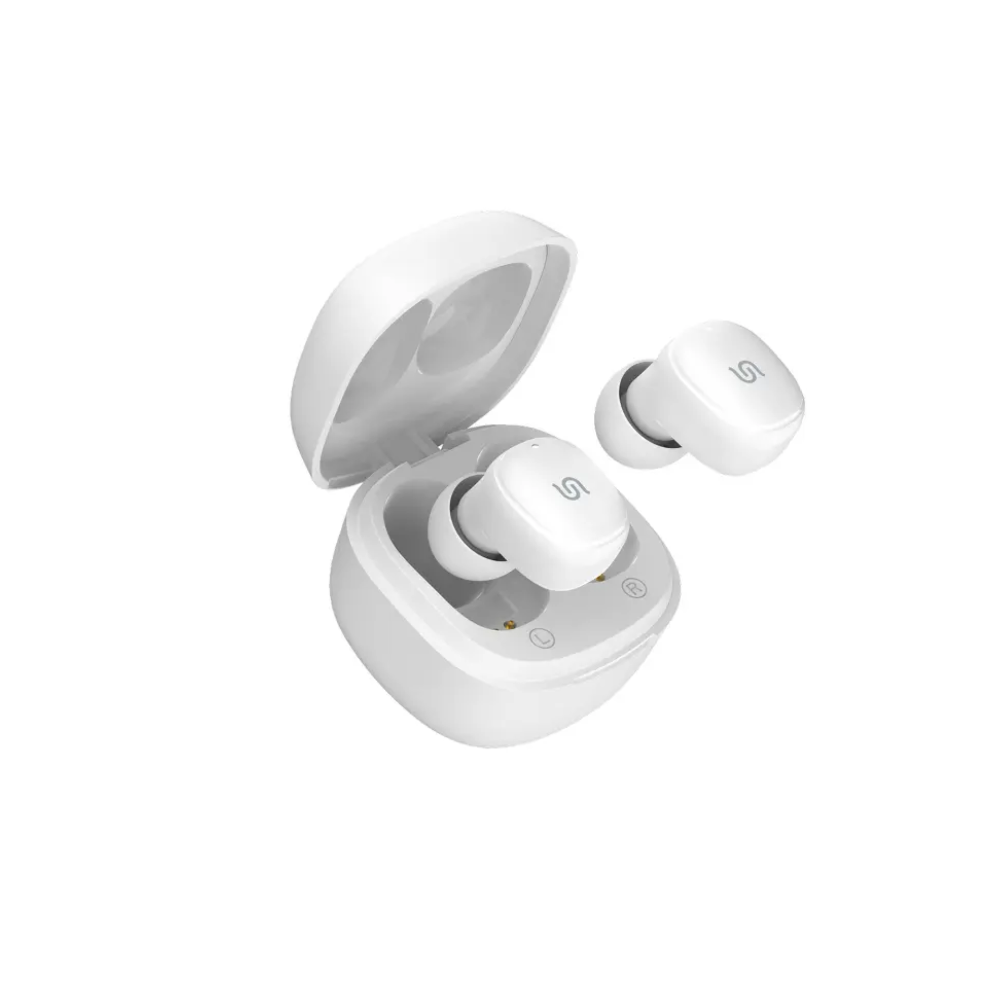 A pair of white Porodo Soundtec Super Mini TWS earbuds with a charging case.