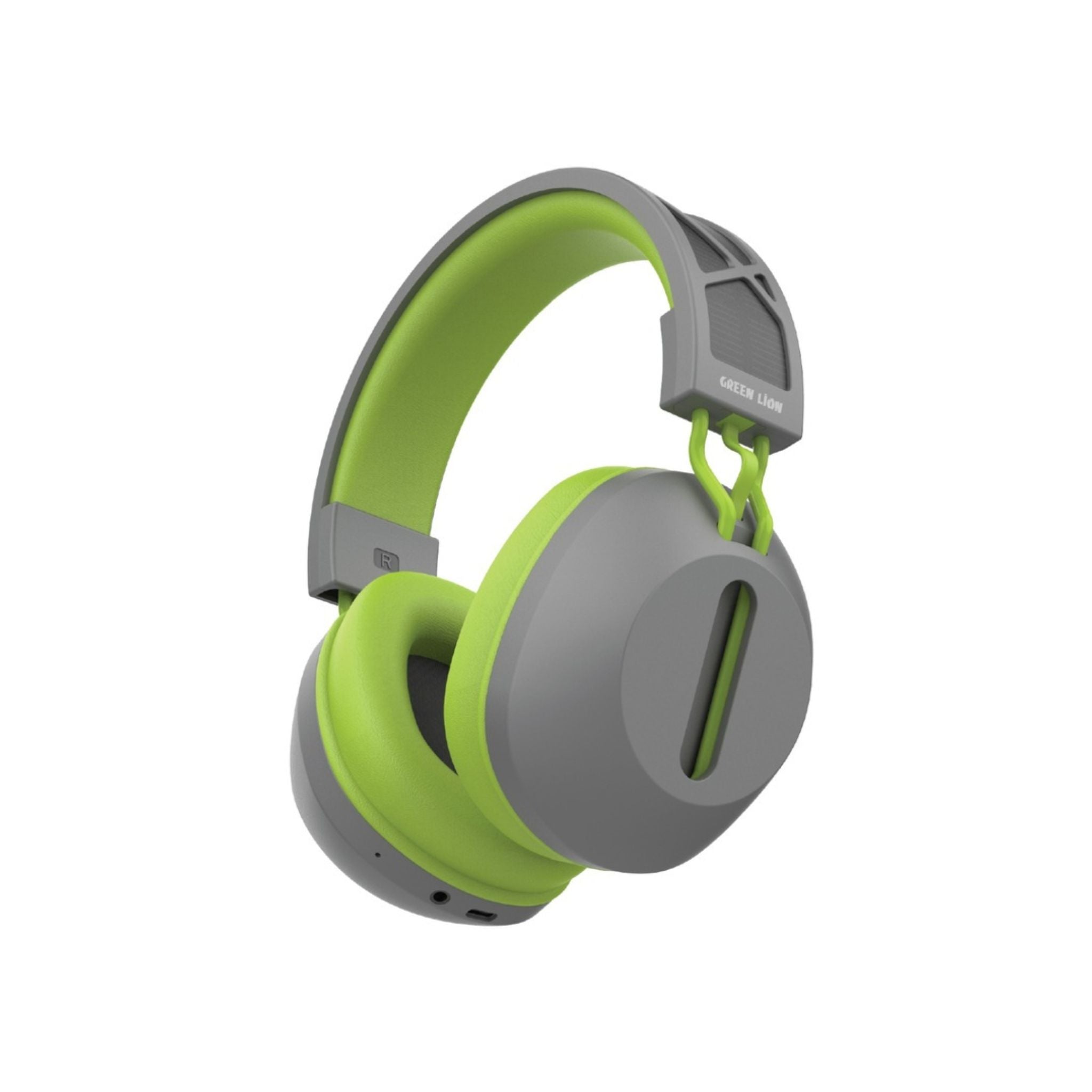 Green and gray closed-back, over-ear headphones with a microphone and AUX support, featuring a charging port and a USB connection.