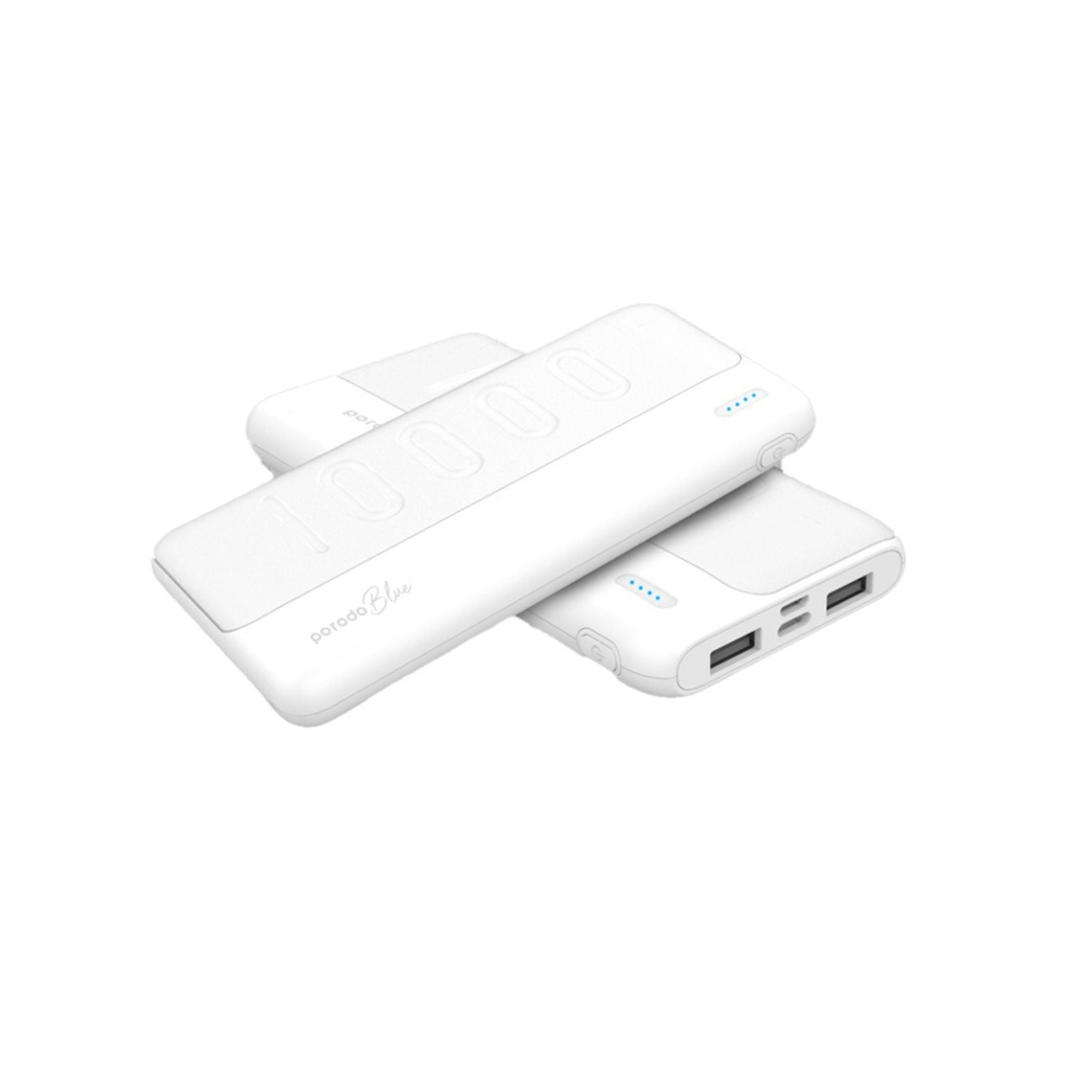 Porodo Blue 10000mAh Slim Power Bank with Dual USB-A Output, Lightweight & Compact Design, Type-C Input, LED Indicator - White