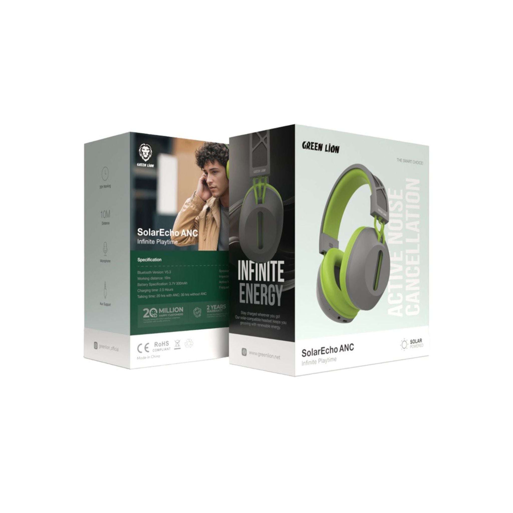 Green Lion SolarEcho Headphones, ANC, Infinite Playtime, 10m Distance, Microphone, AUX Support - Gray/Green