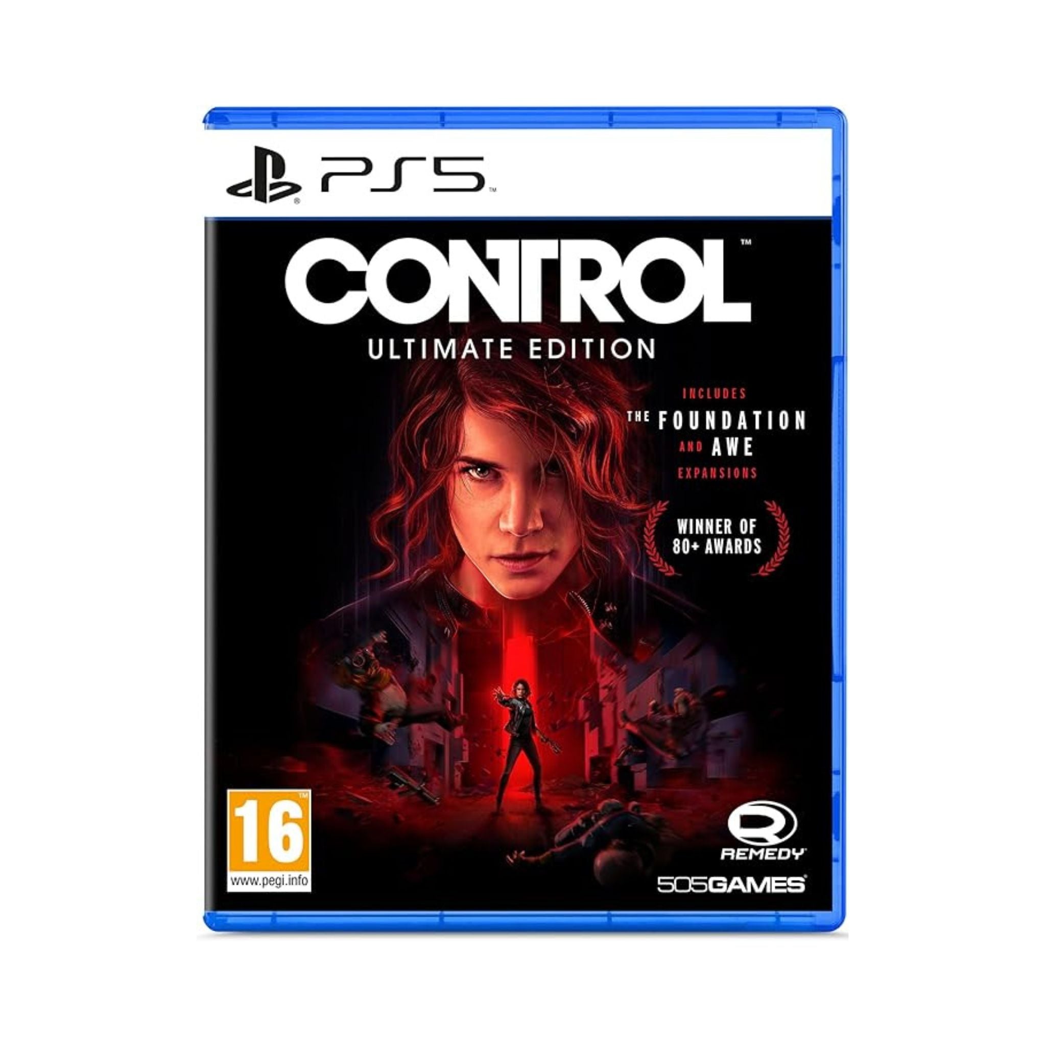 Game case for 'Control: Ultimate Edition' on PS5 with a character image and Remedy logo.