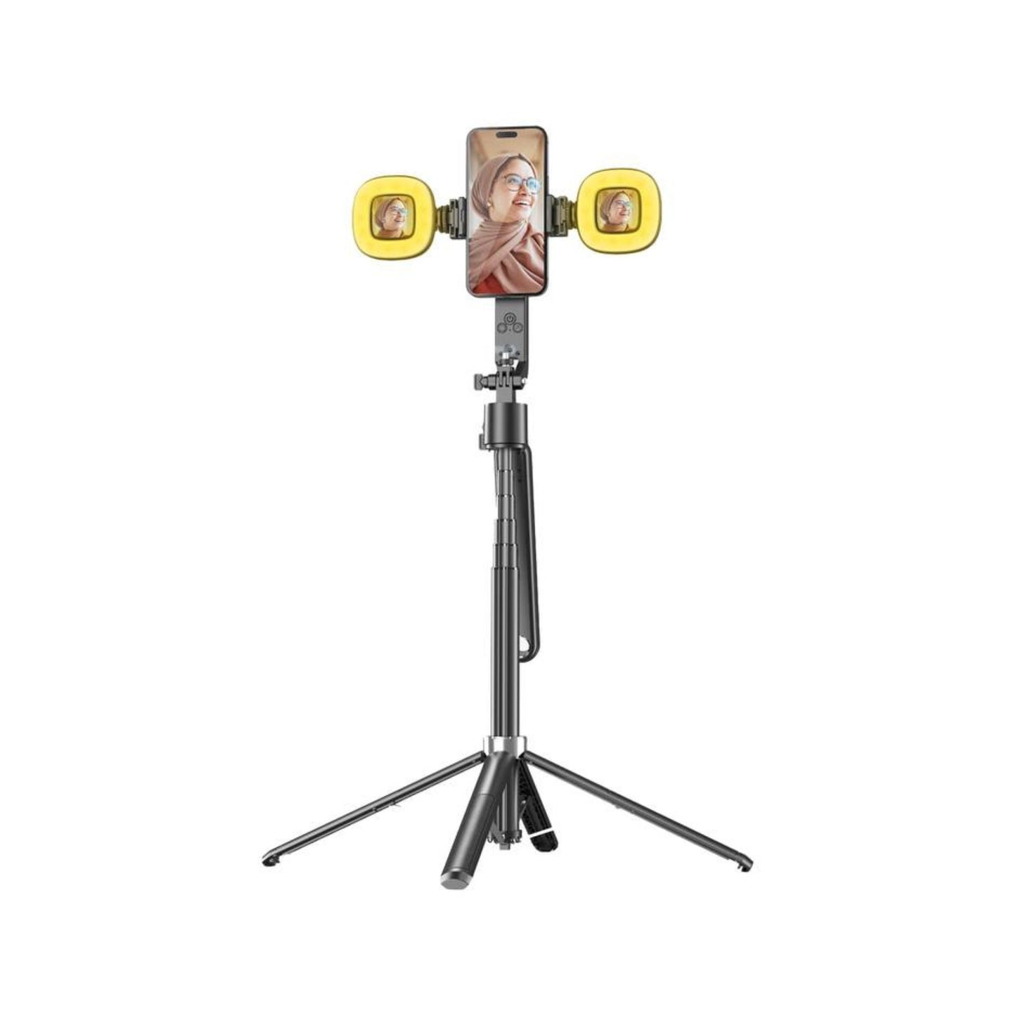 Porodo Integrated Tracking Selfie Stick with Dual Detachable Lights & 4 Leg Tripod, Bluetooth Version 5.2, Stable Quad-Base - Black