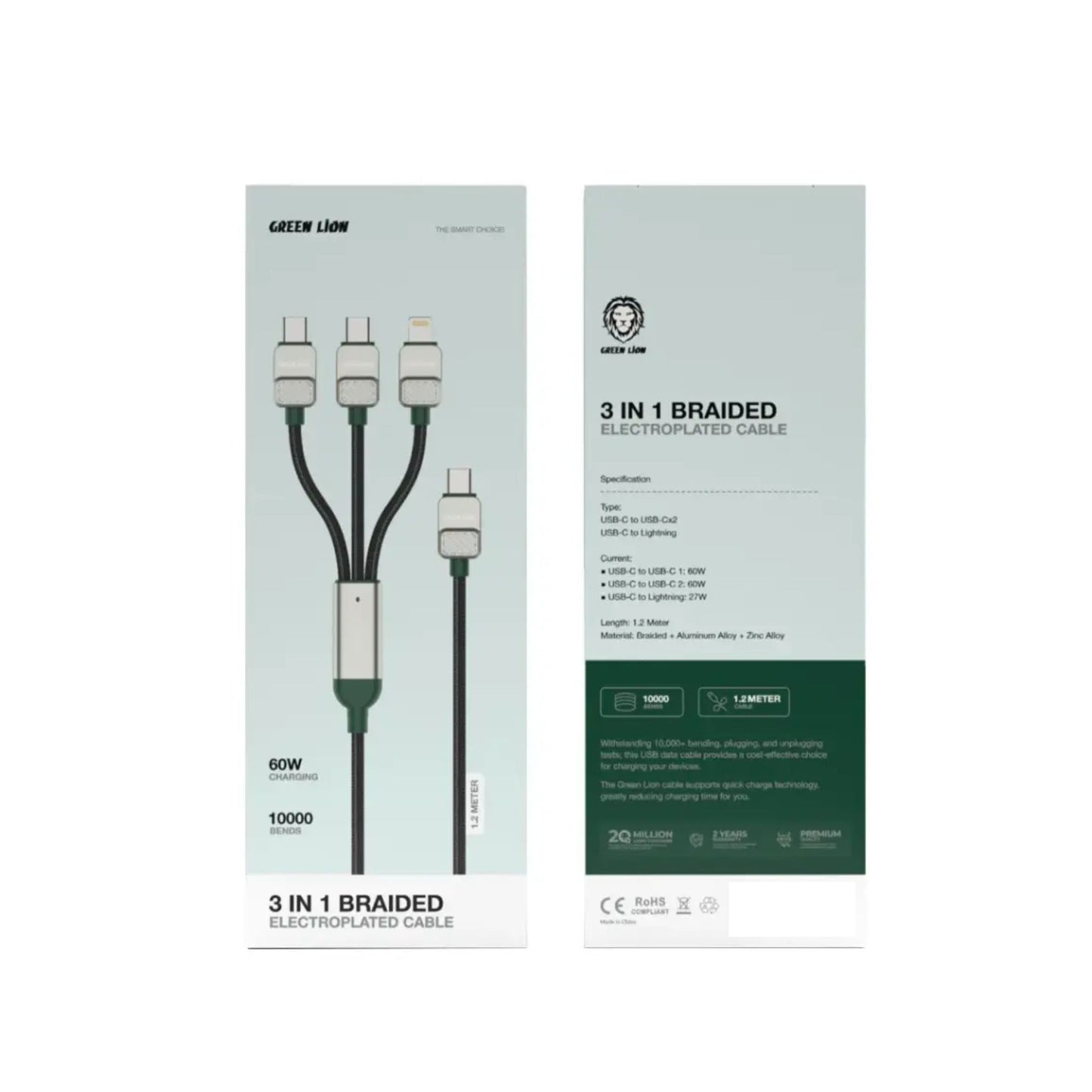 Green Lion 3-in1 Braided Electroplated Cable USB C to C+C+L 1.2m - Black+Green