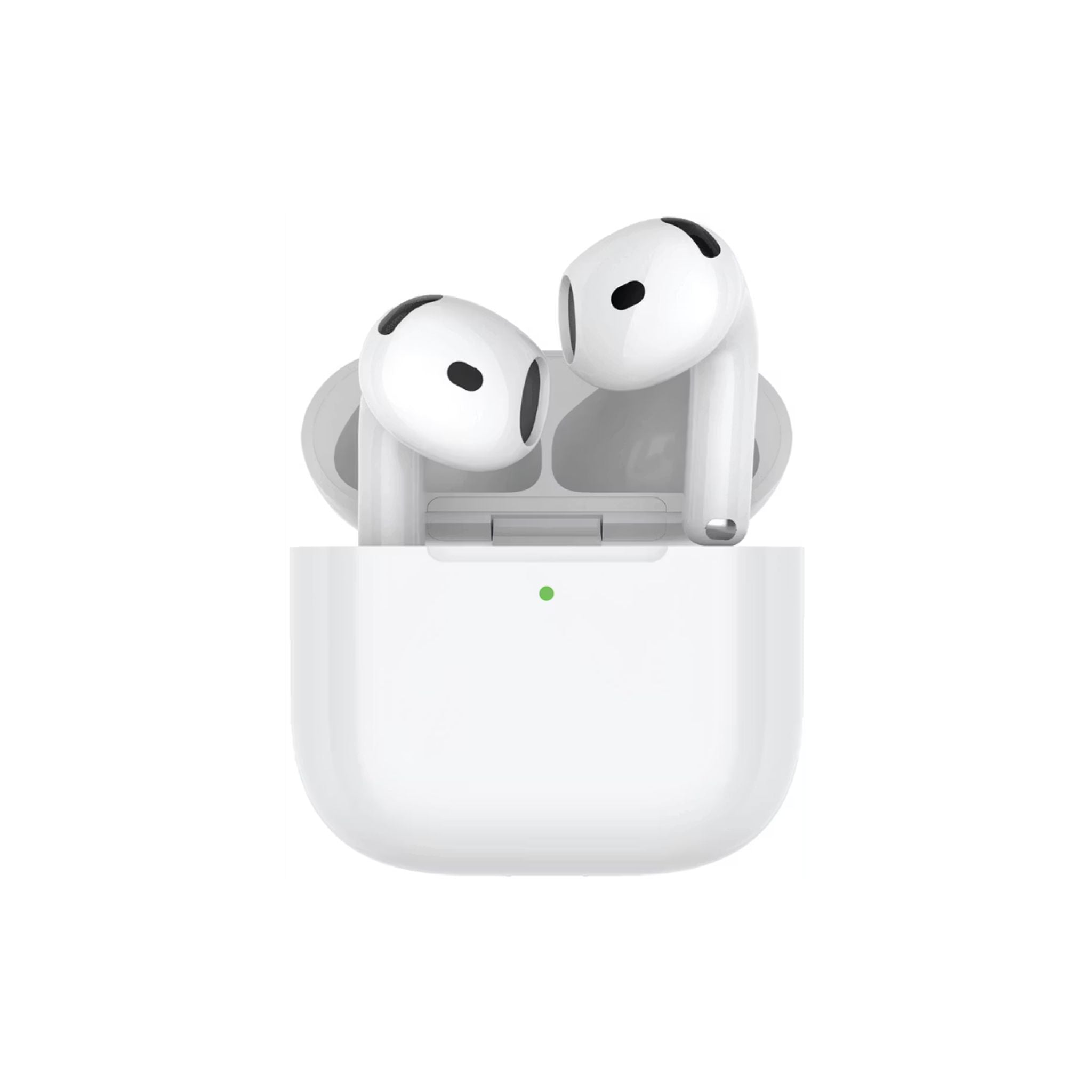 White wireless earbuds in a charging case on a white background