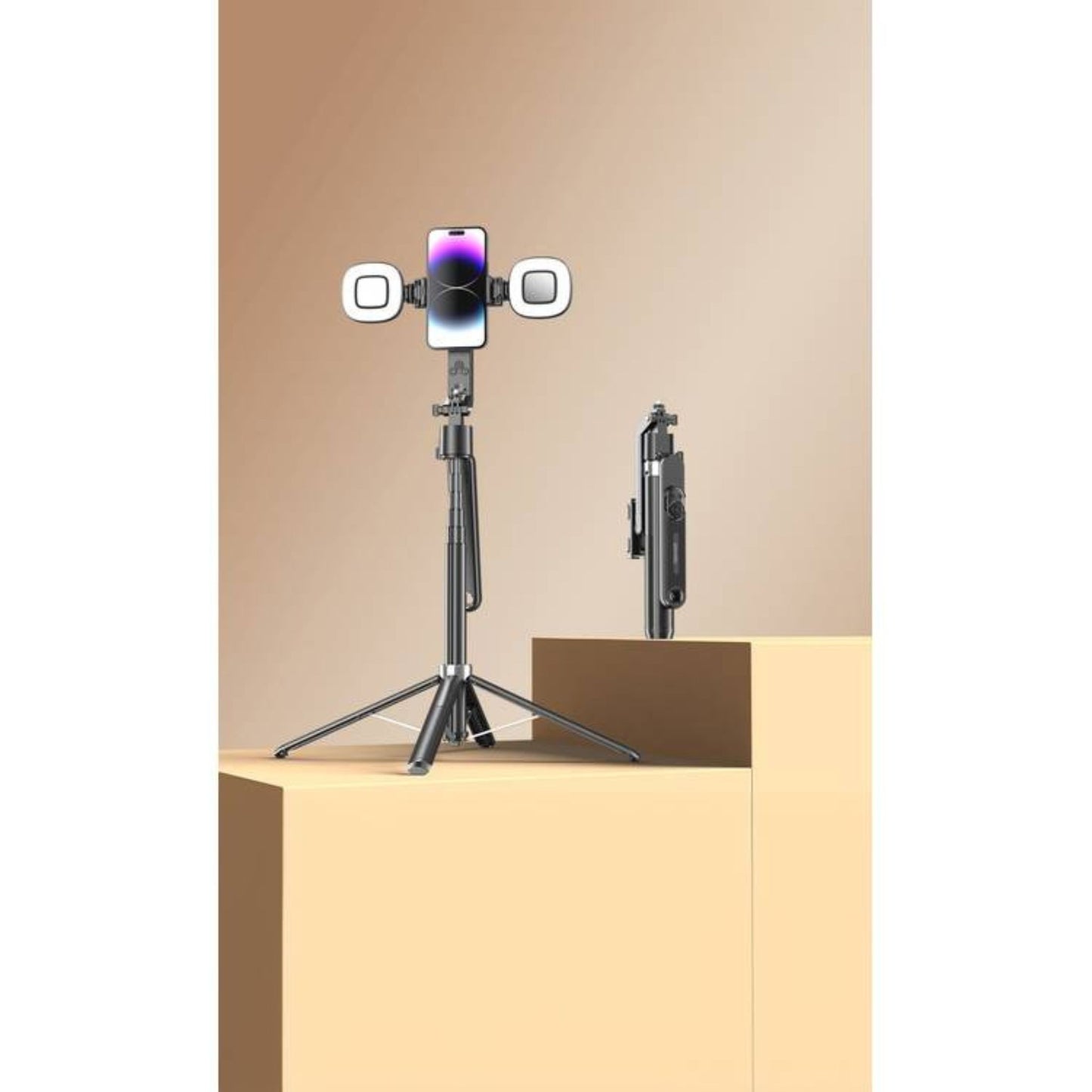 Porodo Integrated Tracking Selfie Stick with Dual Detachable Lights & 4 Leg Tripod, Bluetooth Version 5.2, Stable Quad-Base - Black