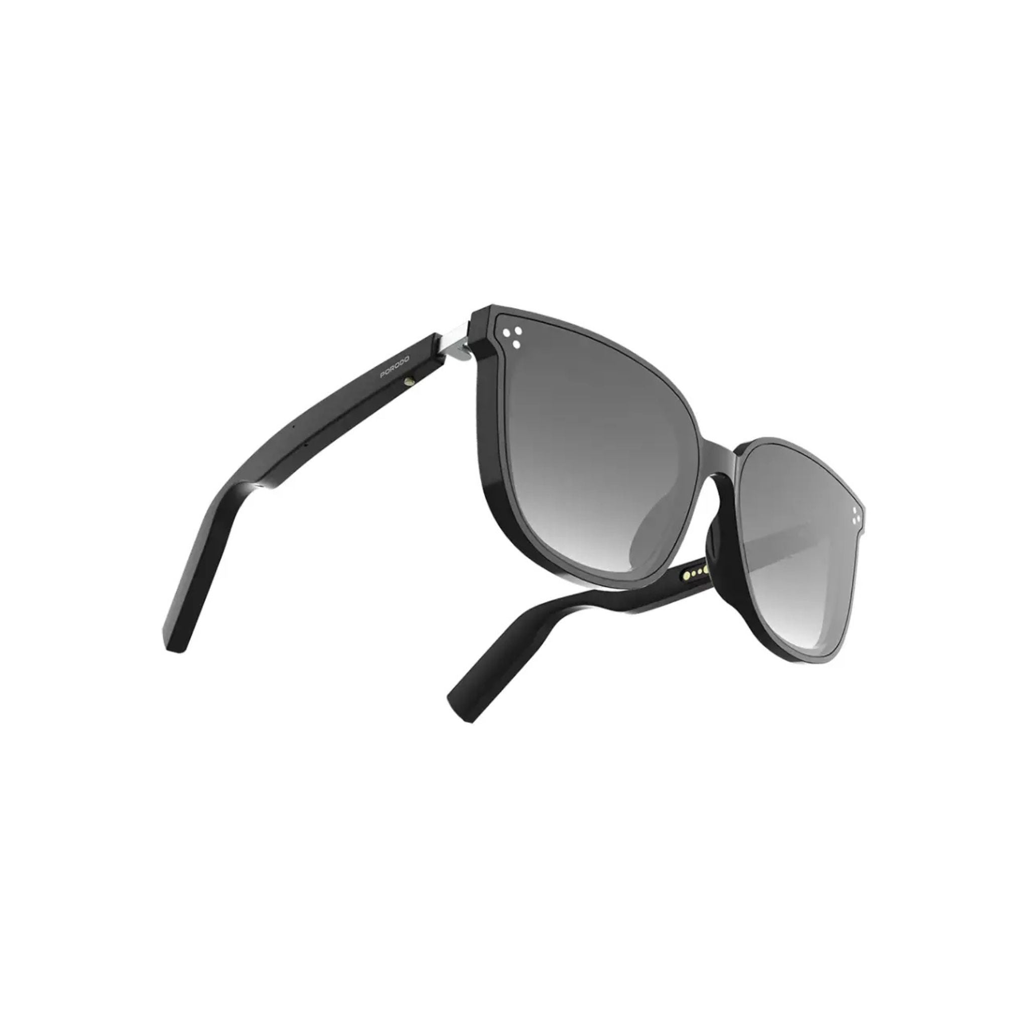 A pair of Porodo Lifestyle polarized sunglasses with a black frame and dark lens, featuring built-in speakers and push-button controls.