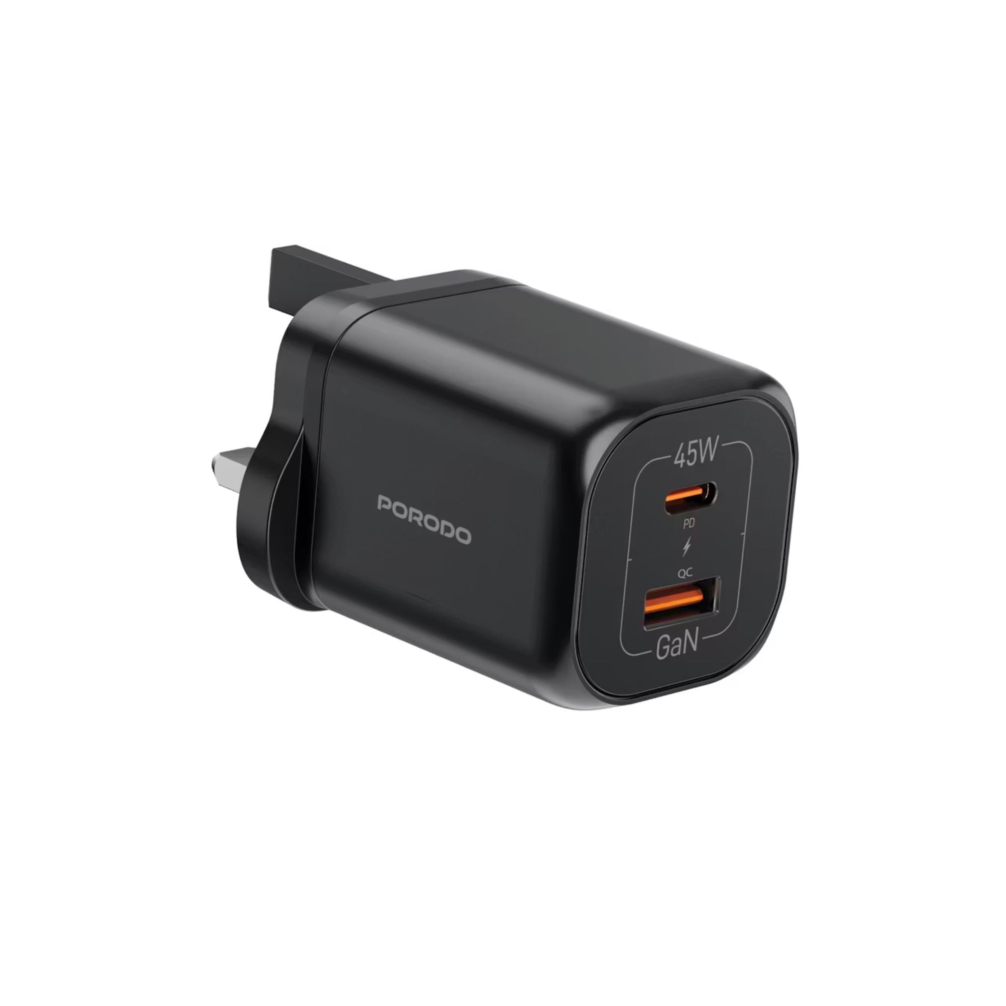 Black charging adapter with two USB ports on a white background