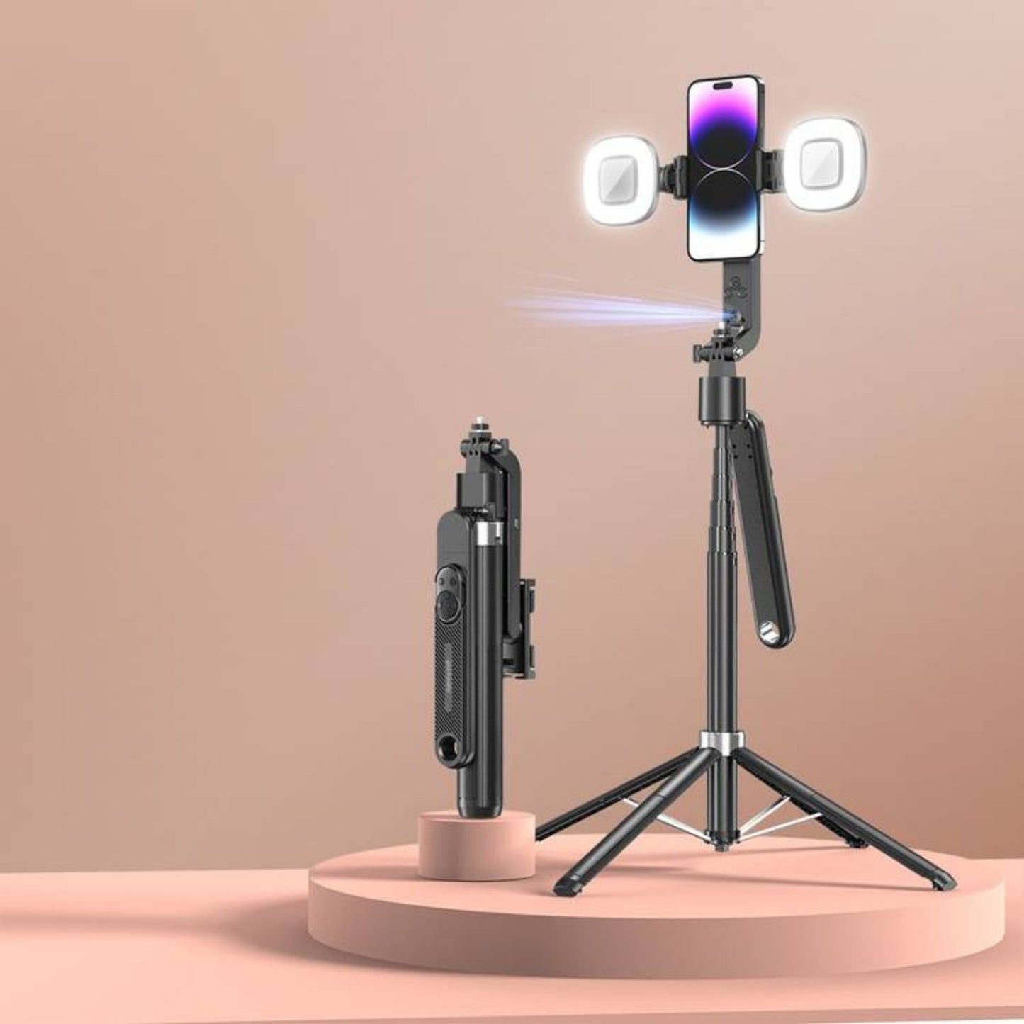 Porodo Integrated Tracking Selfie Stick with Dual Detachable Lights & 4 Leg Tripod, Bluetooth Version 5.2, Stable Quad-Base - Black