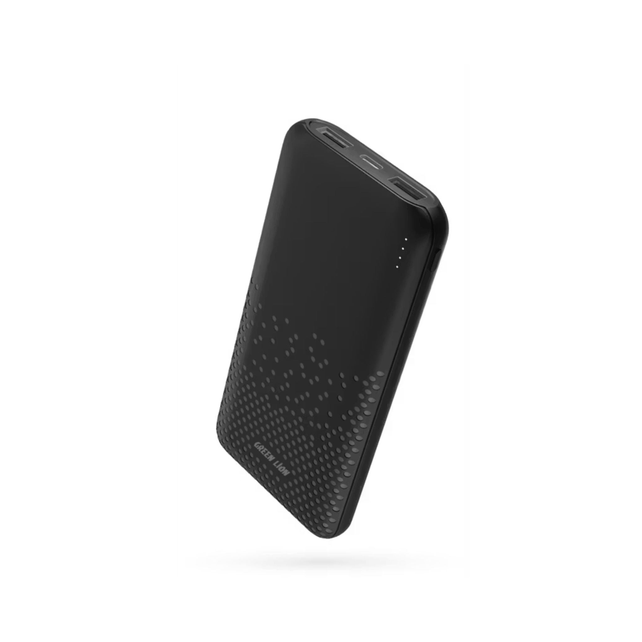 Black power bank with textured surface on a white background