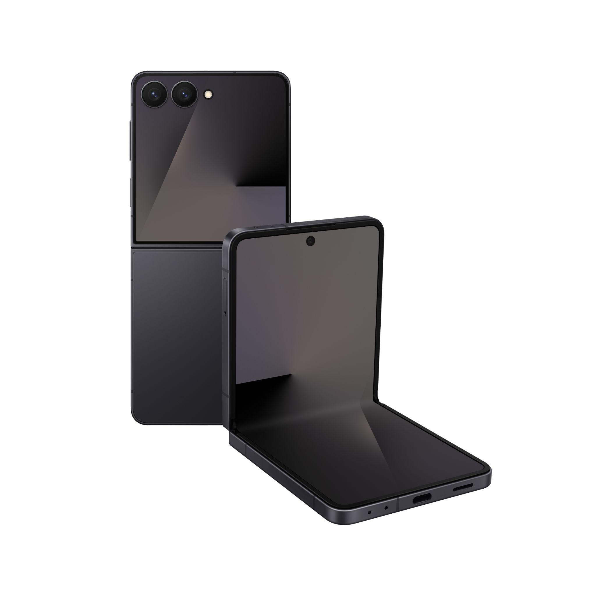 Black smartphone with a reflective surface on a white background