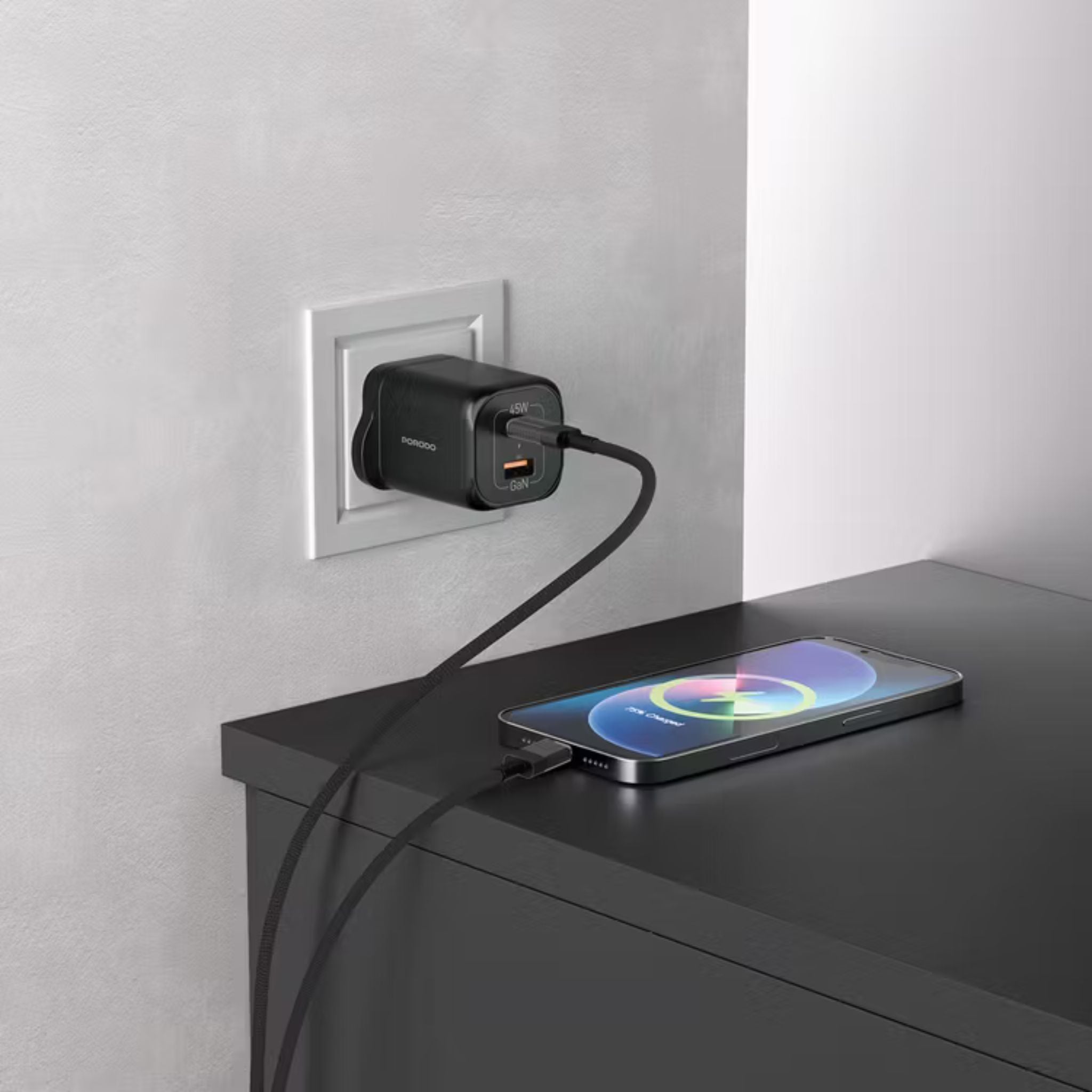 Porodo Dual-Port Quick Wall Charger with 45W Power Delivery, 0.5A Maximum Rated Current, Built-in Safeguards, 3-Pin UK Plug, Simultaneous Charging, GaN Technology - Black