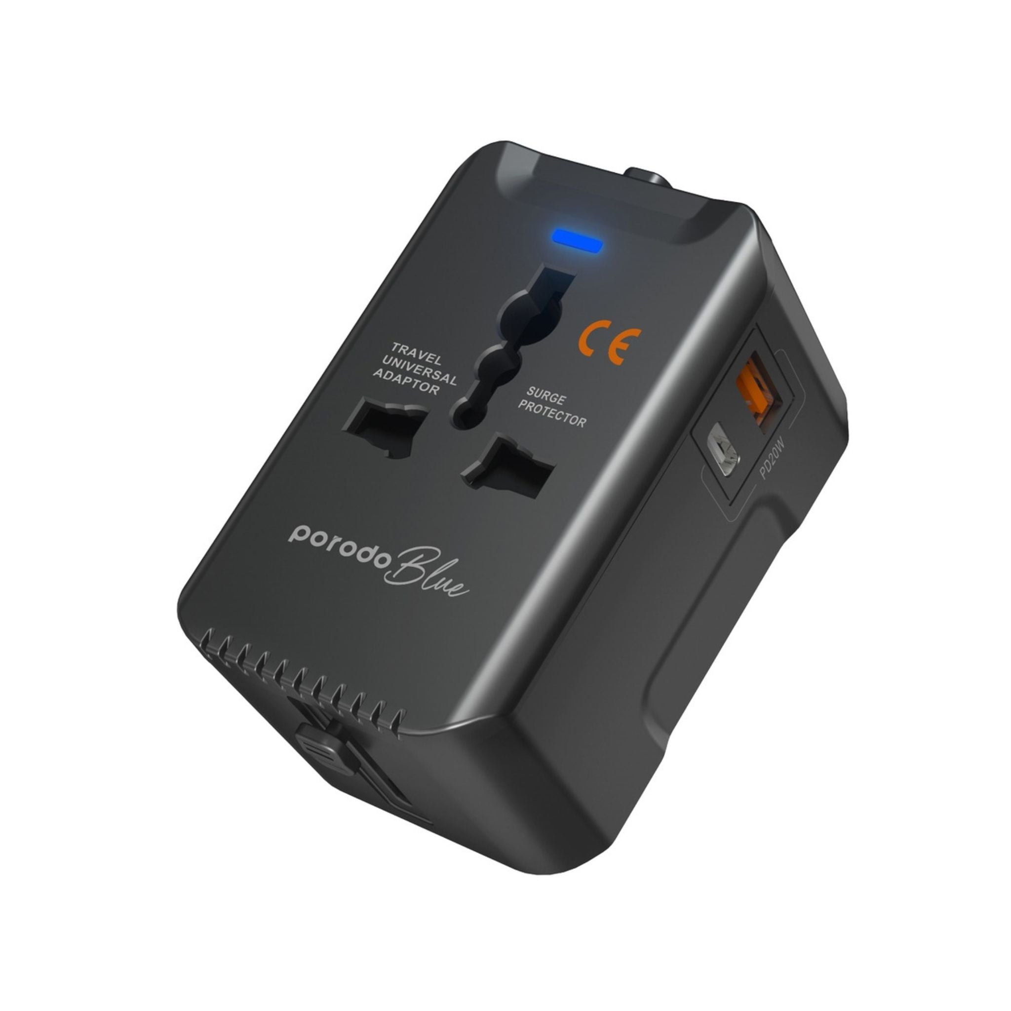 Porodo Blue Dual Port 20W Power Delivery and 18W Quick Charge Universal Wall Charger with US/AU/EU/UK Plugs, Built-in Safeguards - Black