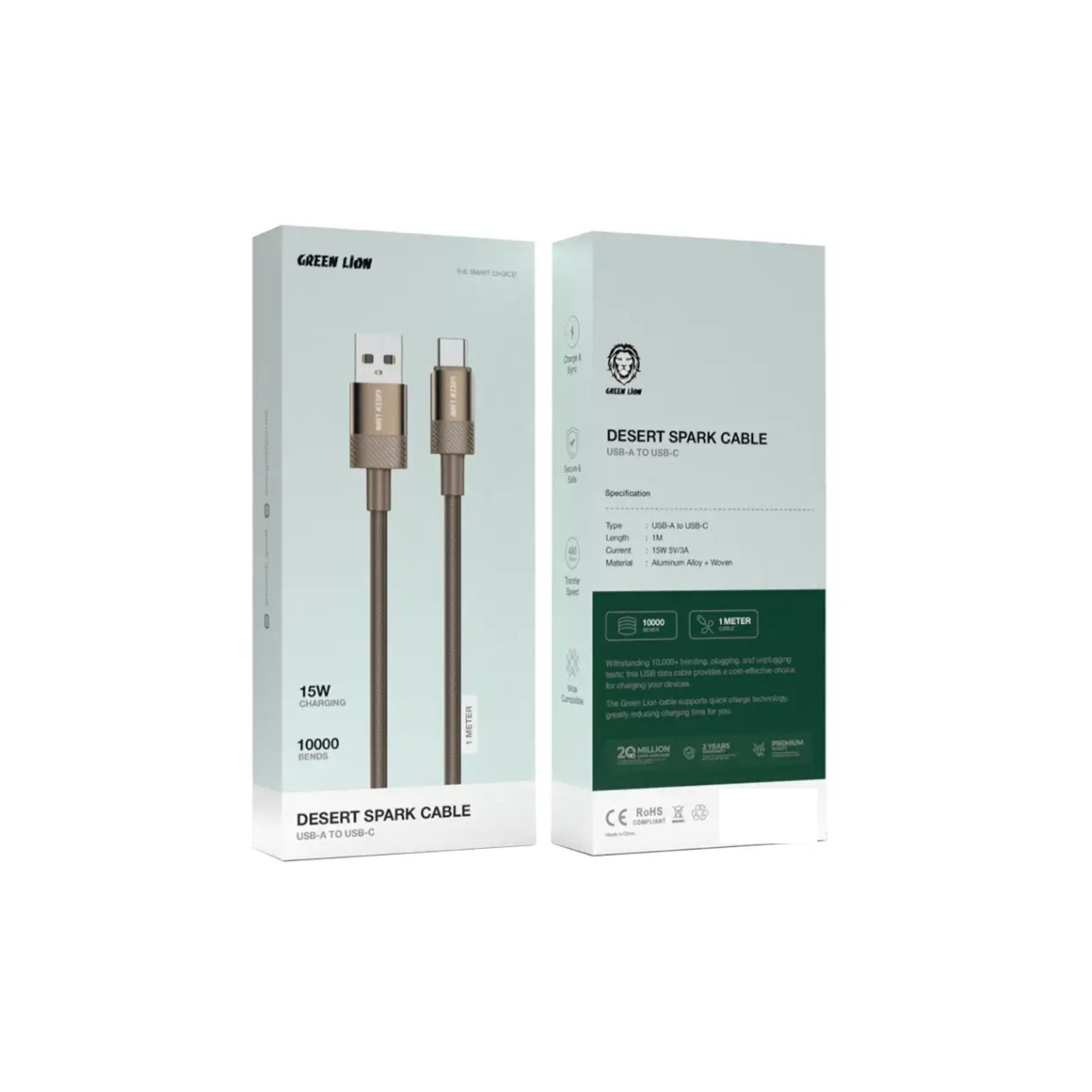 Green Lion Desert Spark Cable USB-A to USB-C, 3A/5V, 15W Power, Wide Compatibility, Charge & Sync Capability - Desert Titanium