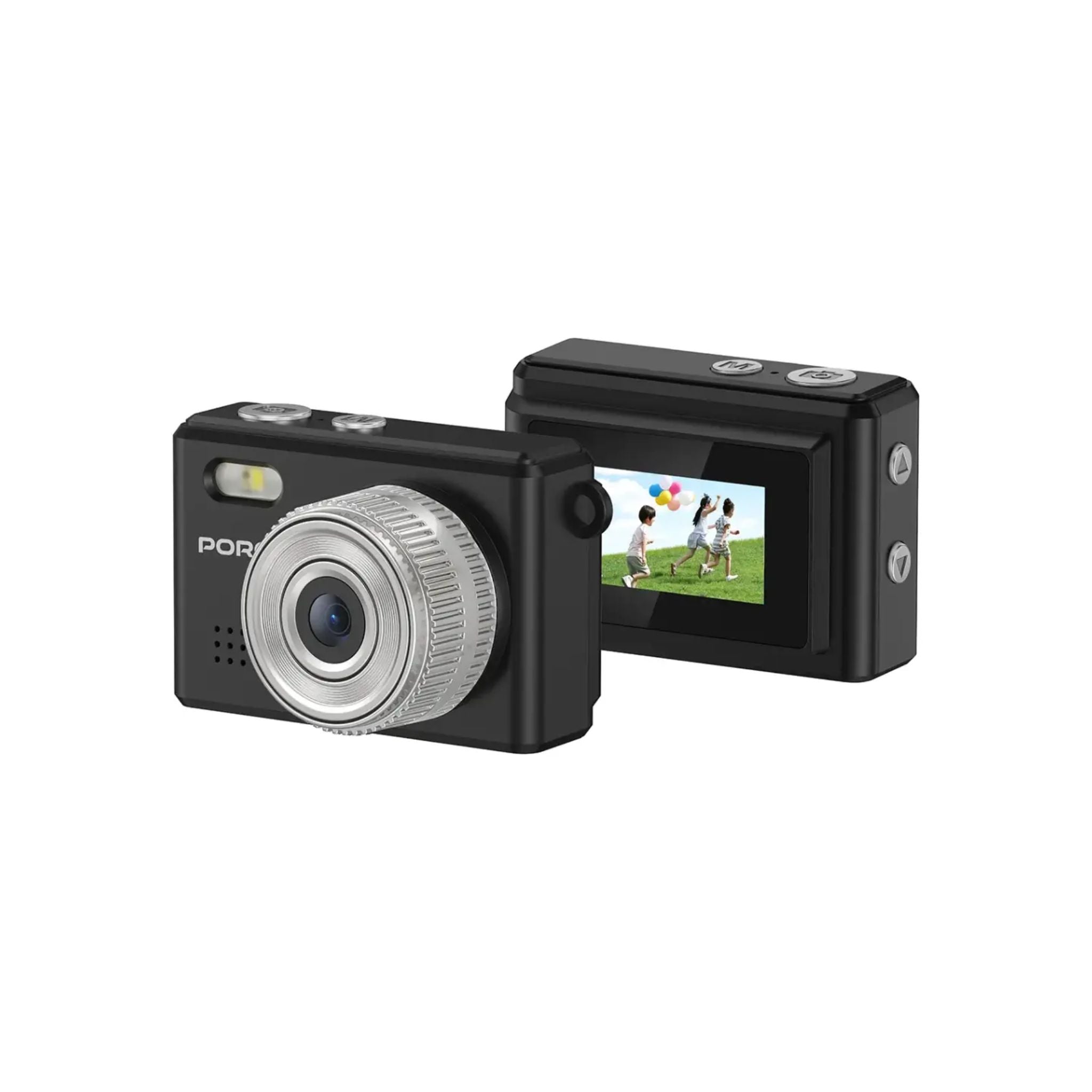 Black digital camera with a small screen displaying an image of children playing on a white background