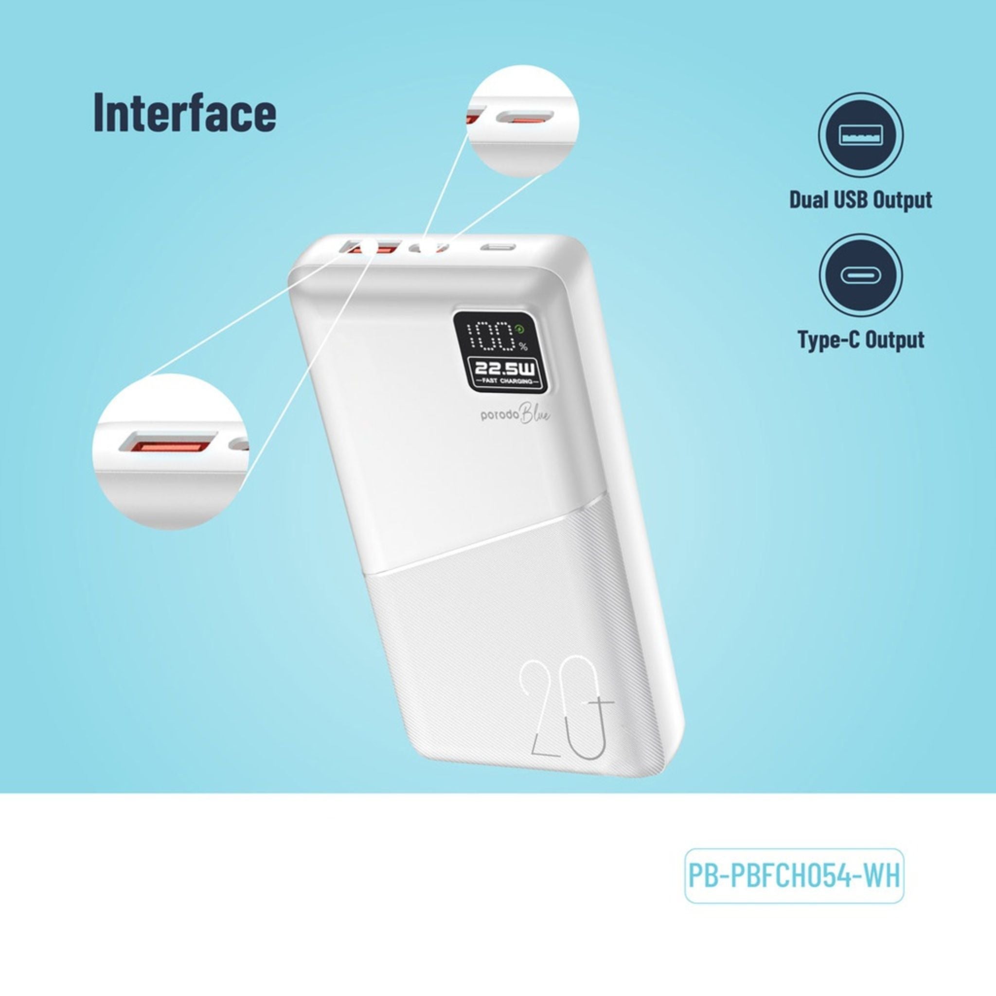 Porodo Blue Quick Charge Power Bank with USB-A & USB-C Outputs, 20000mAh Battery Capacity, Digital Display, 20W Power Delivery - White