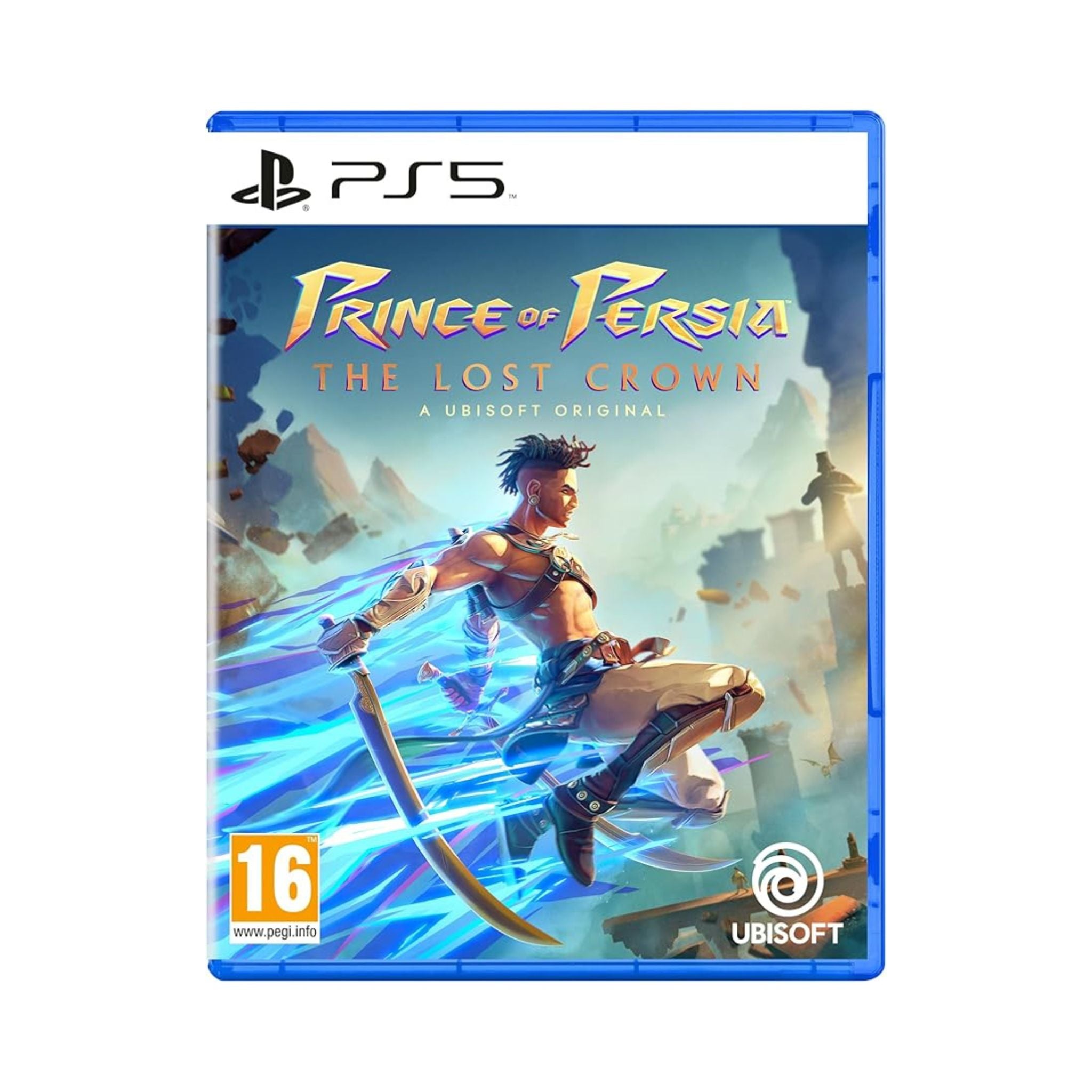 PlayStation 5 game disc for 'Prince of Persia: The Lost Crown' with character illustration on a blue background.