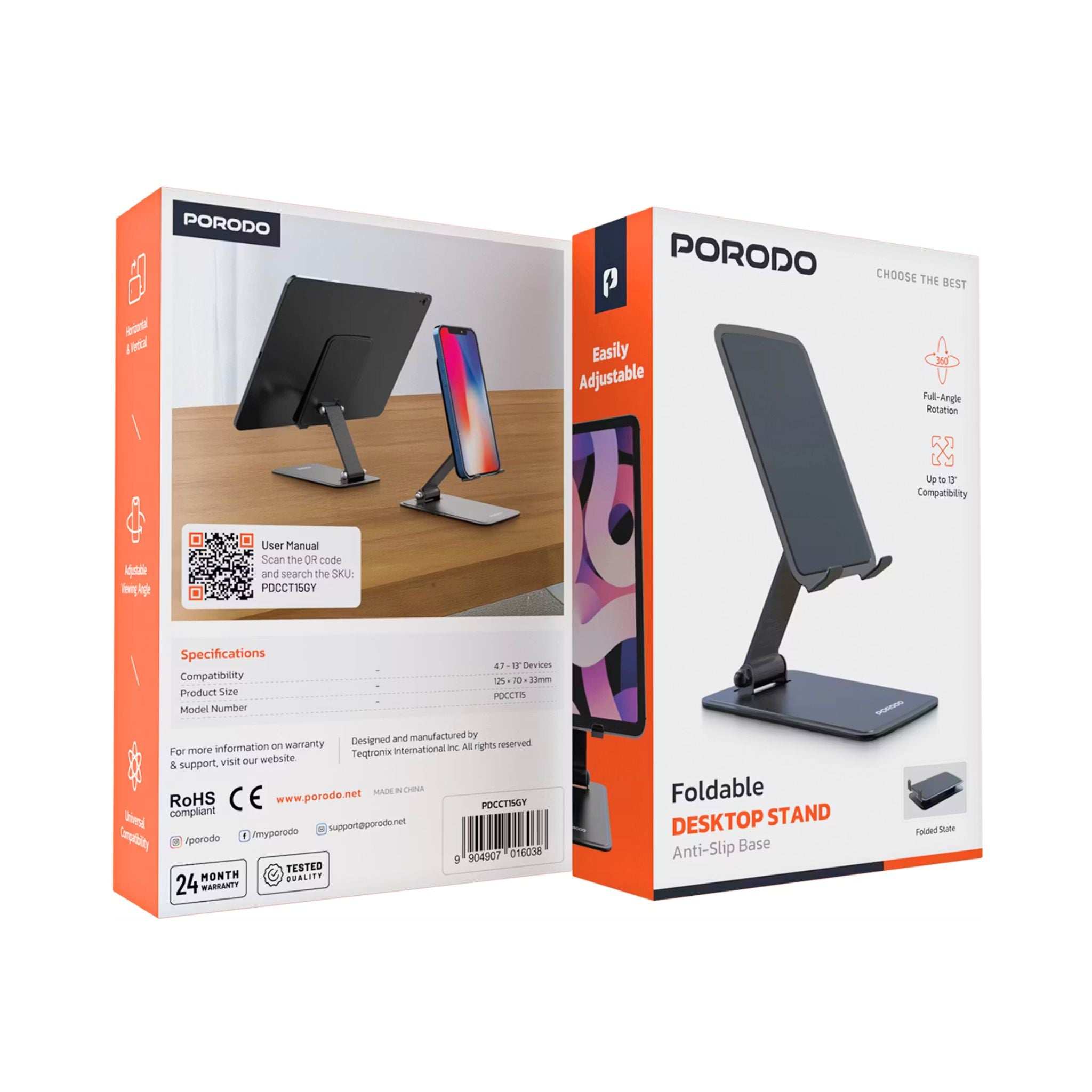 Porodo Foldable Desktop Stand with Anti-Slip Base, 360° Rotation, 4.7-13 Inch Device Compatibility, Adjustable Viewing Angle, Horizontal & Vertical, Universal Compatibility - Gray