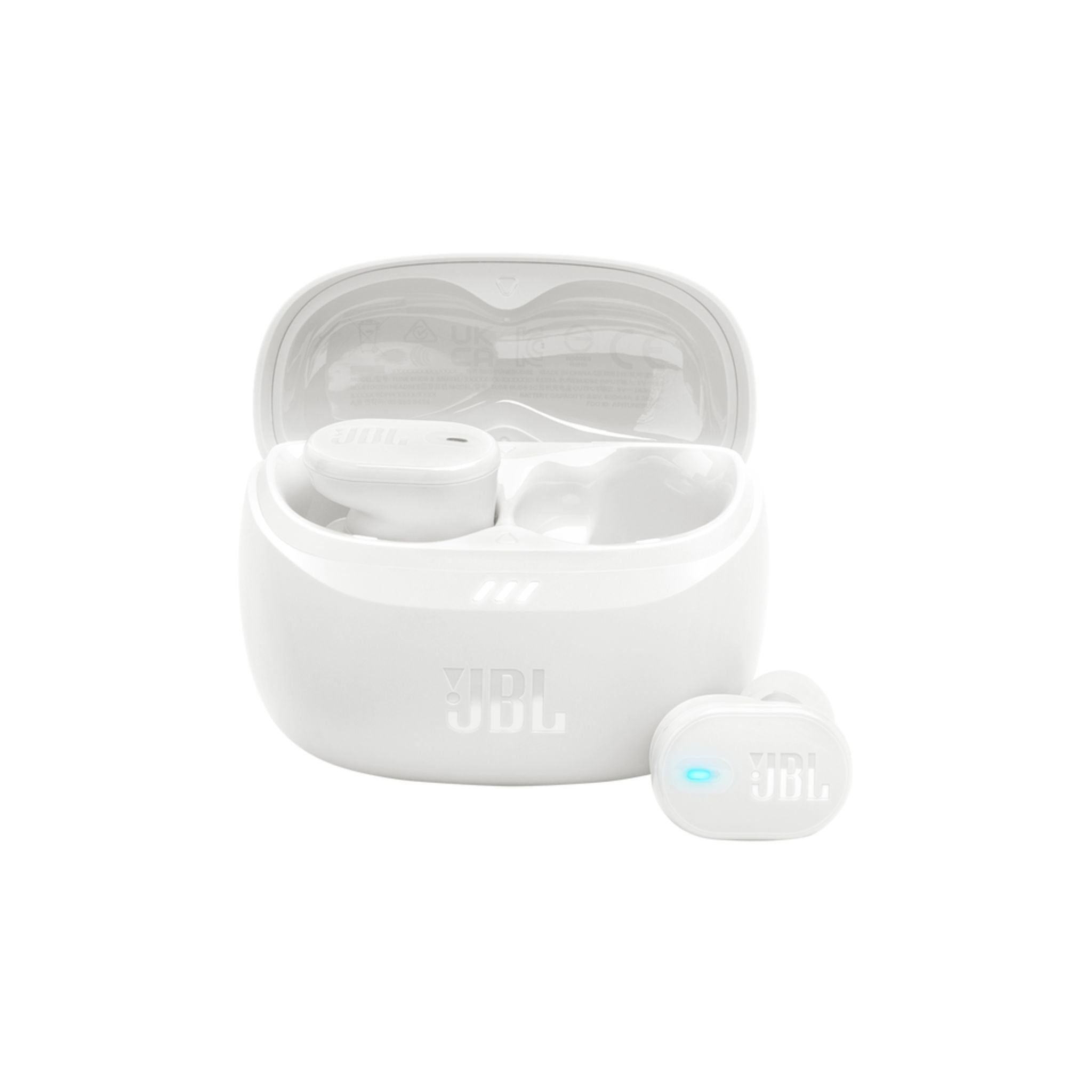 JBL Tune Buds 2 True Wireless Noise Cancelling Earbuds in white color, with a charging case.