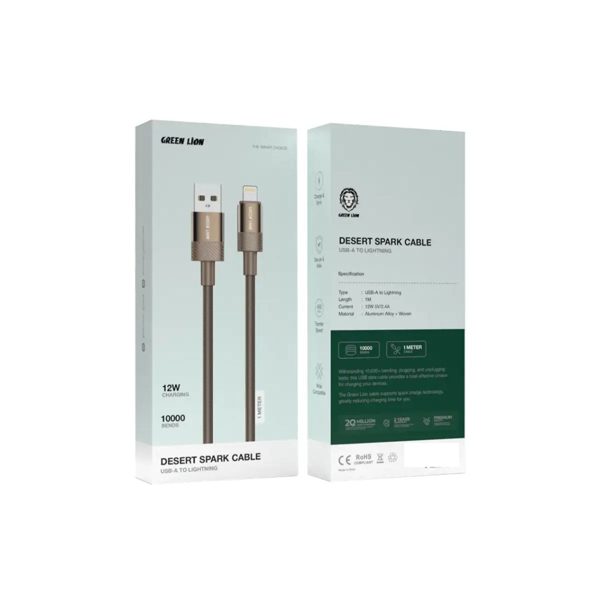 Green Lion Desert Spark Cable USB-A to Lightning, 2.4A/5V, 12W Power, Wide Compatibility, Charge & Sync Capability - Desert Titanium