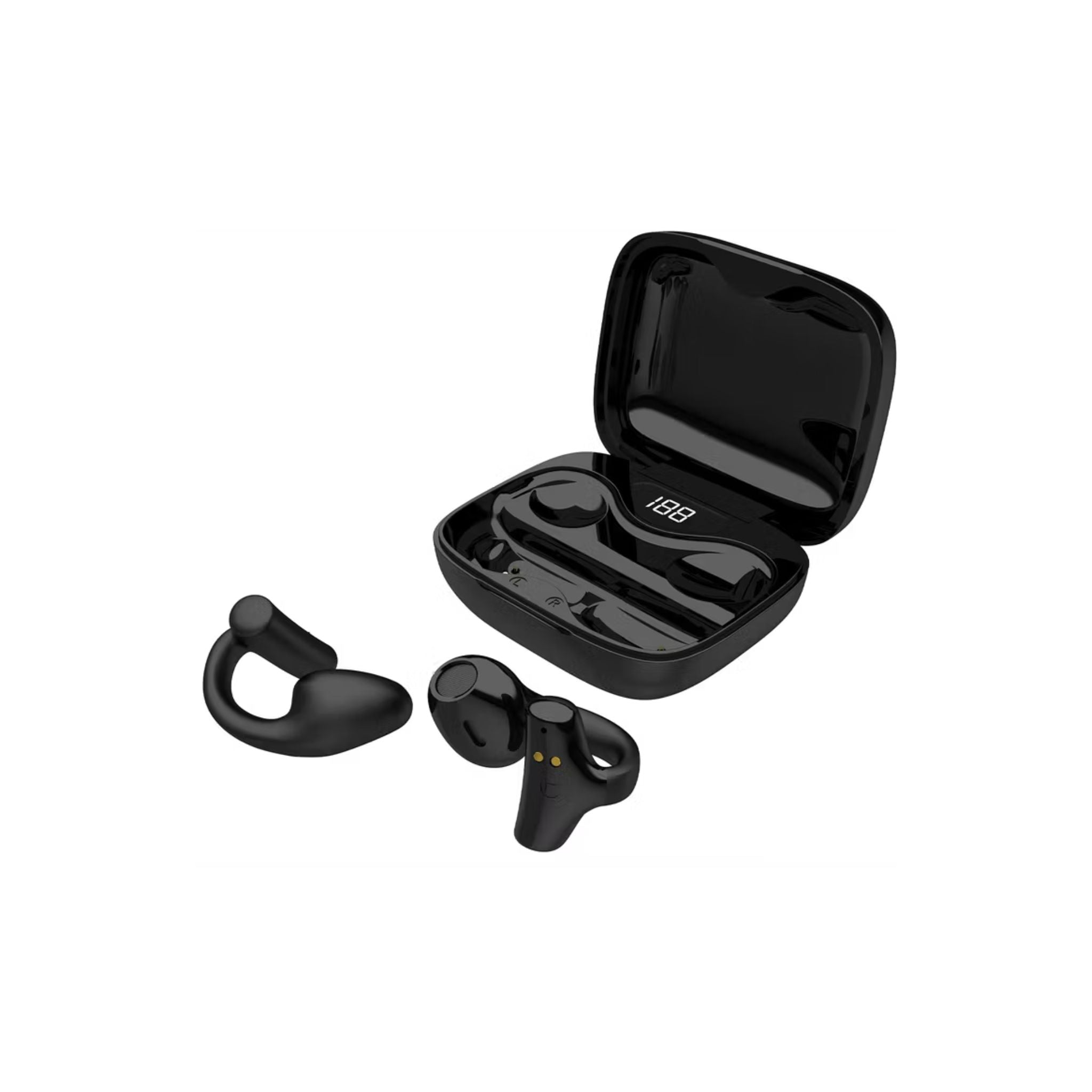 Black wireless earbuds with charging case on a white background