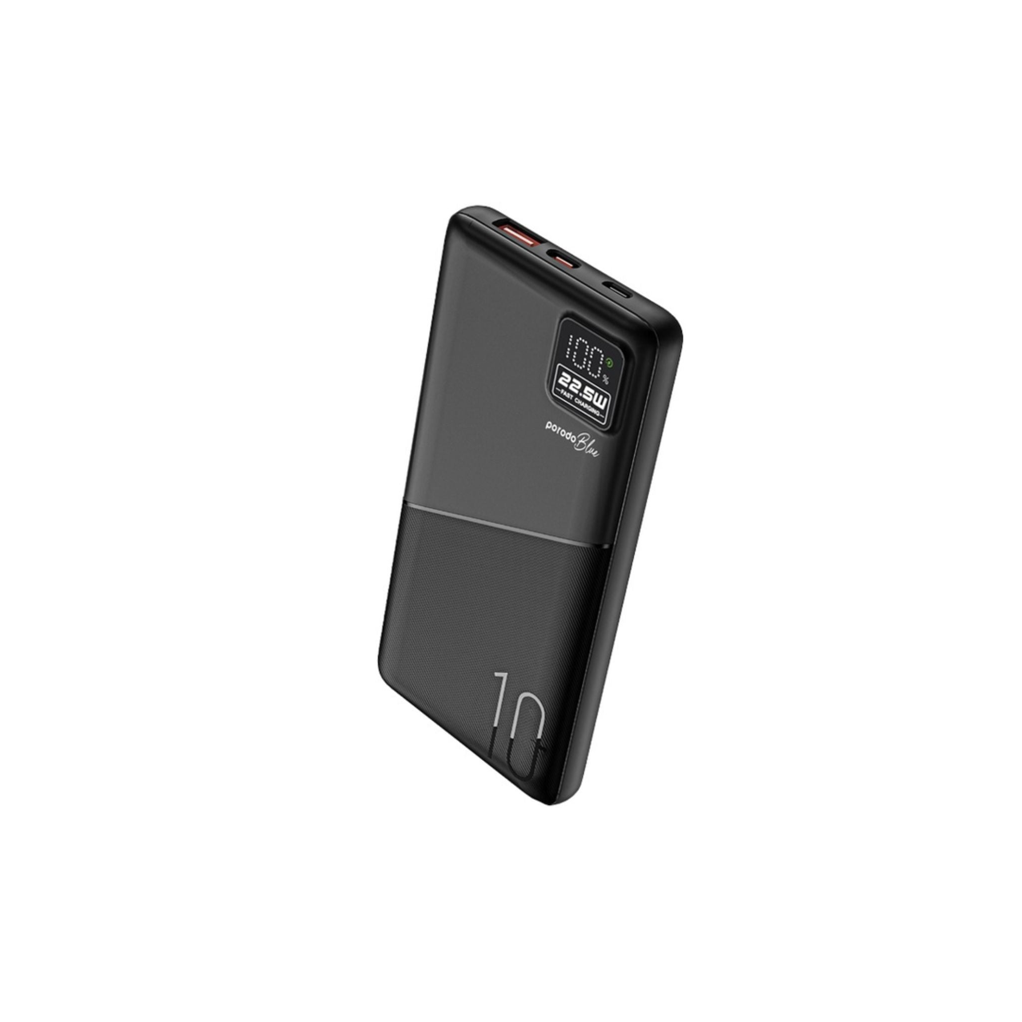 A black Porodo Blue Quick Charge Power Bank with a digital display and multiple output ports, including USB-A and USB-C.