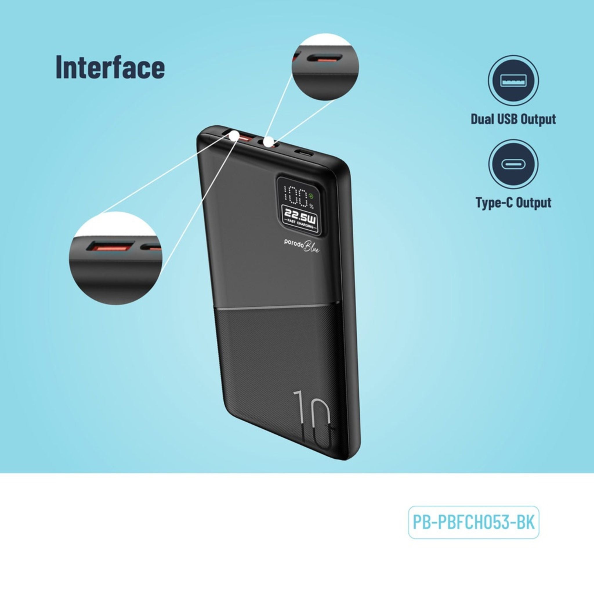 Porodo Blue Quick Charge Power Bank with USB-A & USB-C Outputs, 10000mAh Battery Capacity, Digital Display, 20W Power Delivery - Black