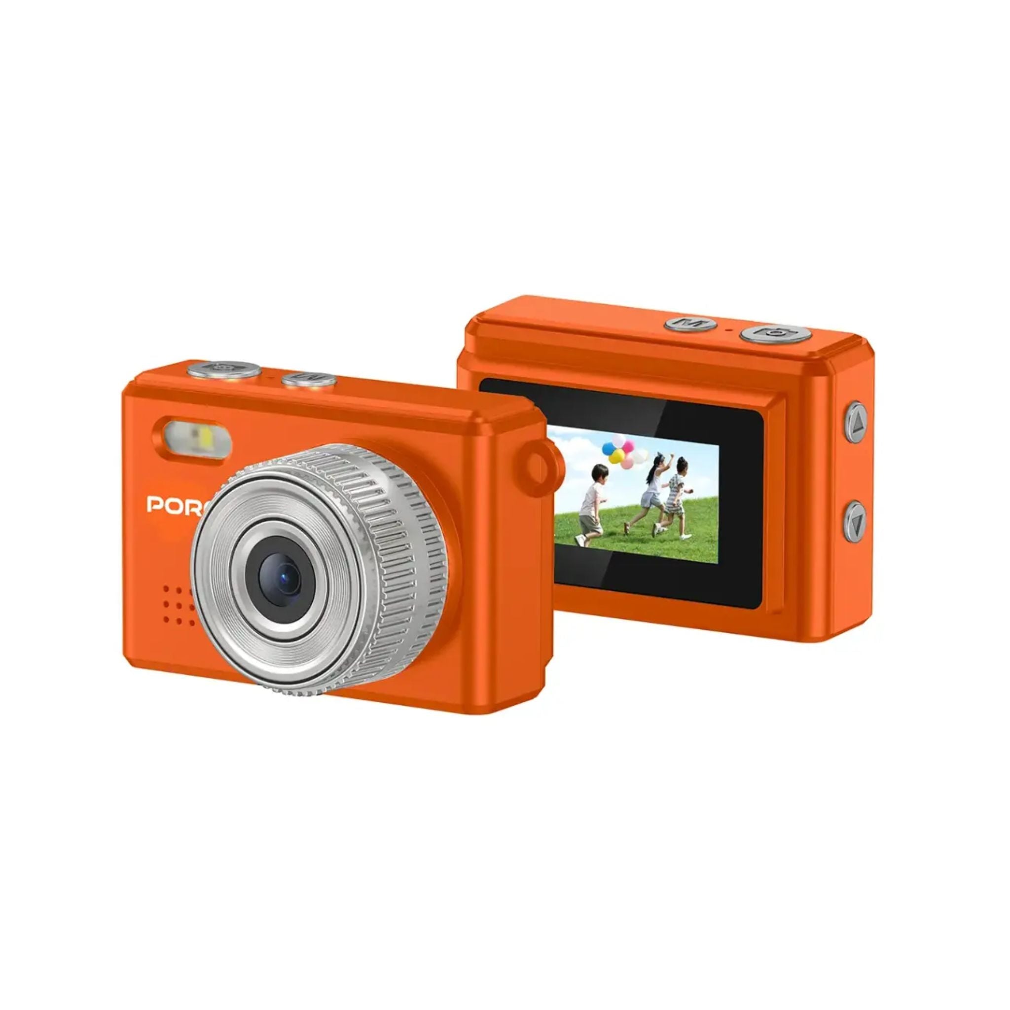 Orange digital camera with screen displaying a scene on a white background